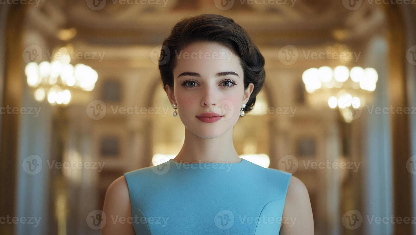A woman in a blue dress is looking at the camera photo