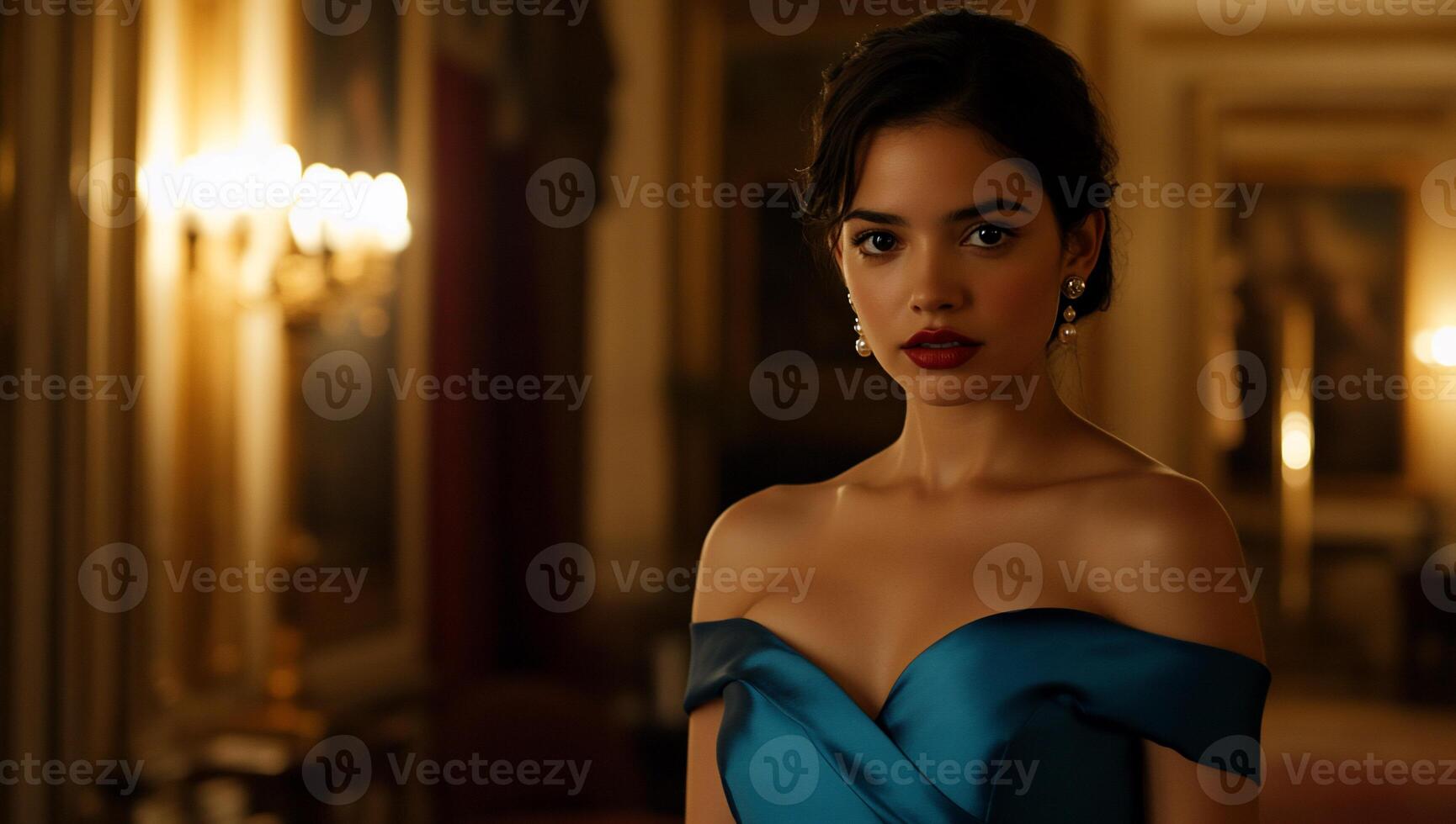 A woman in a blue dress standing in a room photo