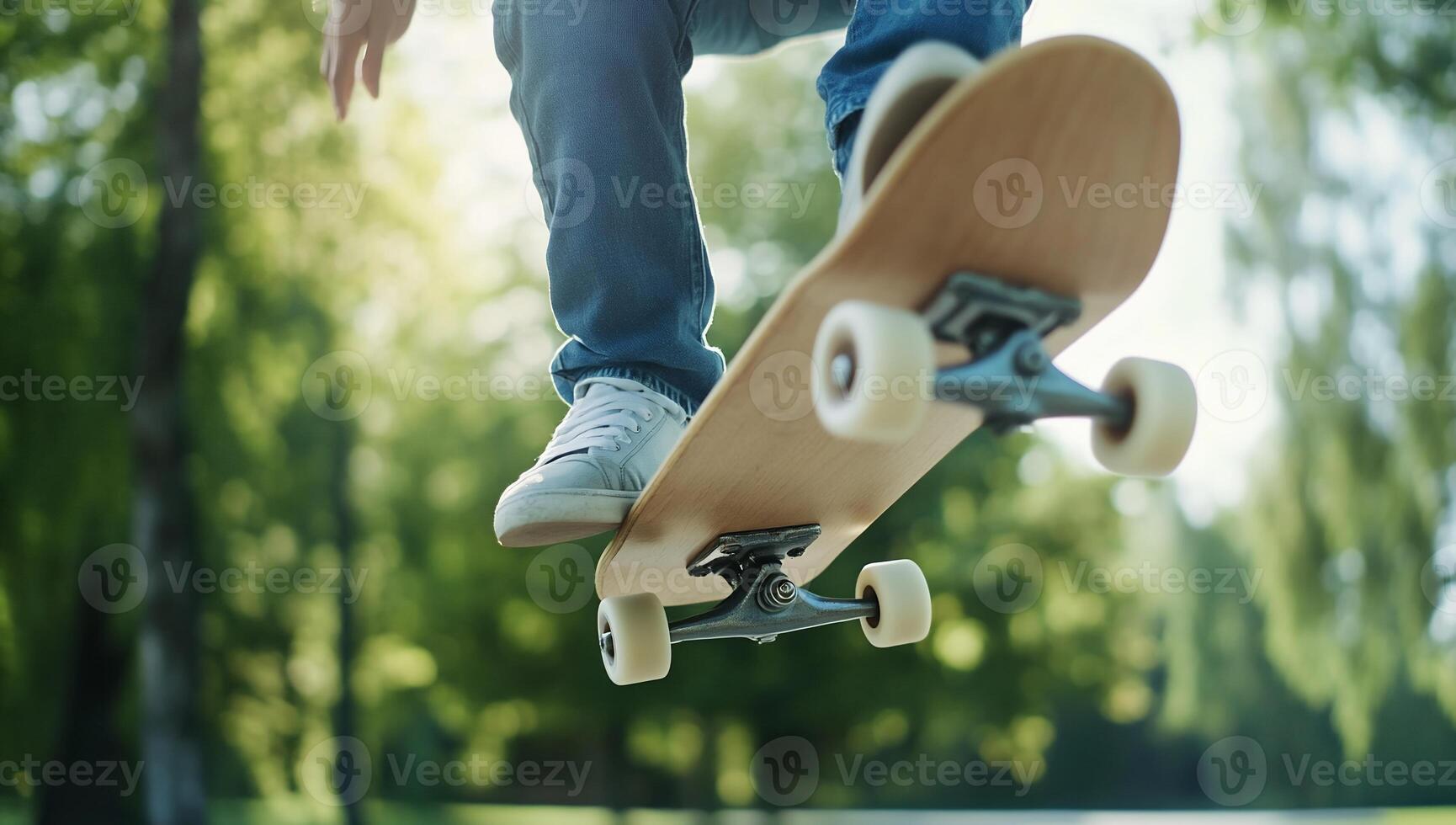 A skateboarder performs a trick in a sunny park setting. photo