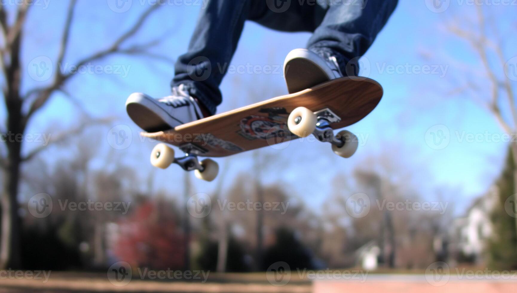A skateboarder performing a trick in mid-air. photo