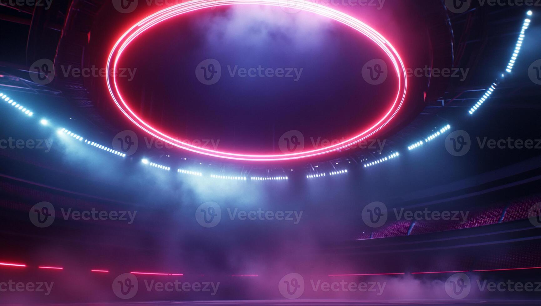 A futuristic arena with neon lights and fog, designed for events. photo