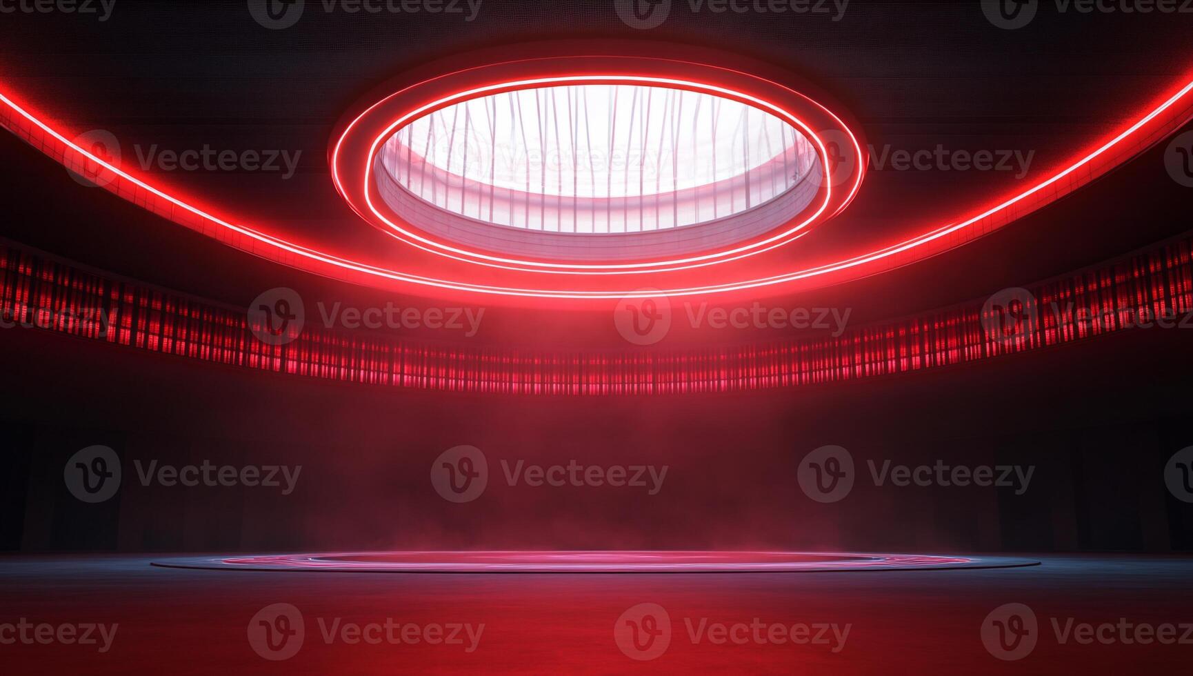 A futuristic arena with a circular light and smoky atmosphere. photo