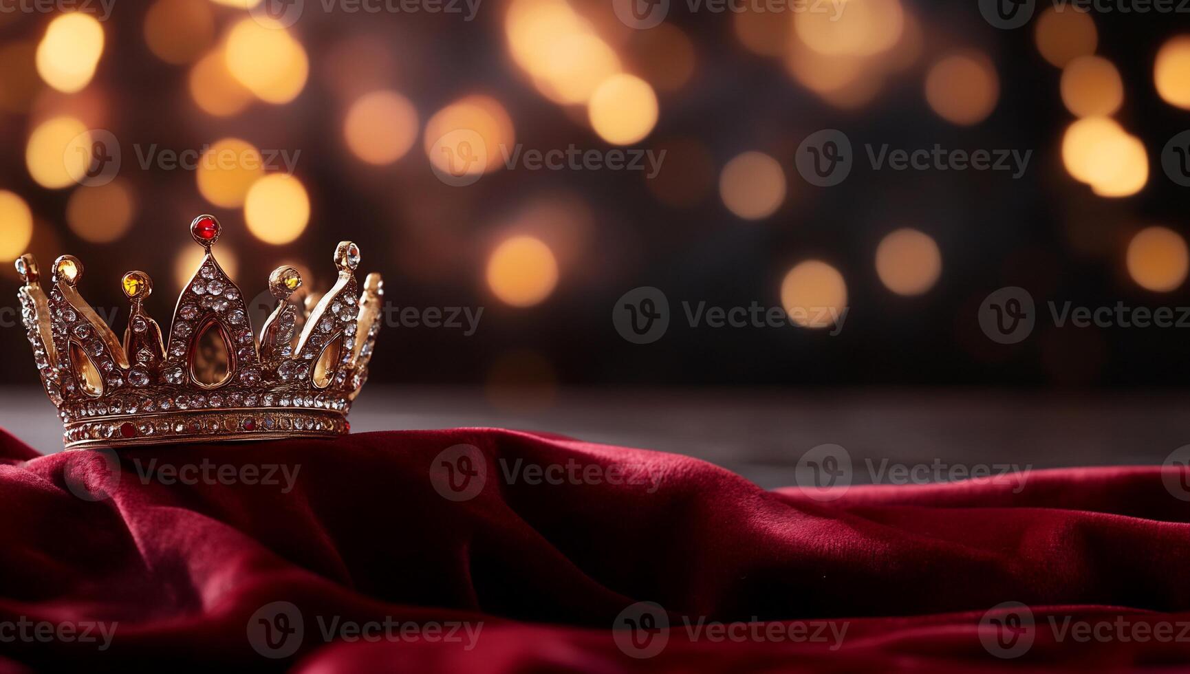 A sparkling crown resting on luxurious fabric with a bokeh background. photo
