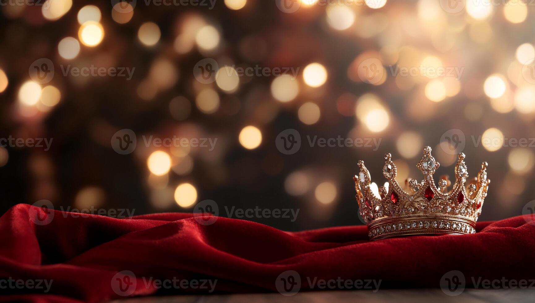 A golden crown rests on a red fabric, illuminated by soft bokeh lights. photo