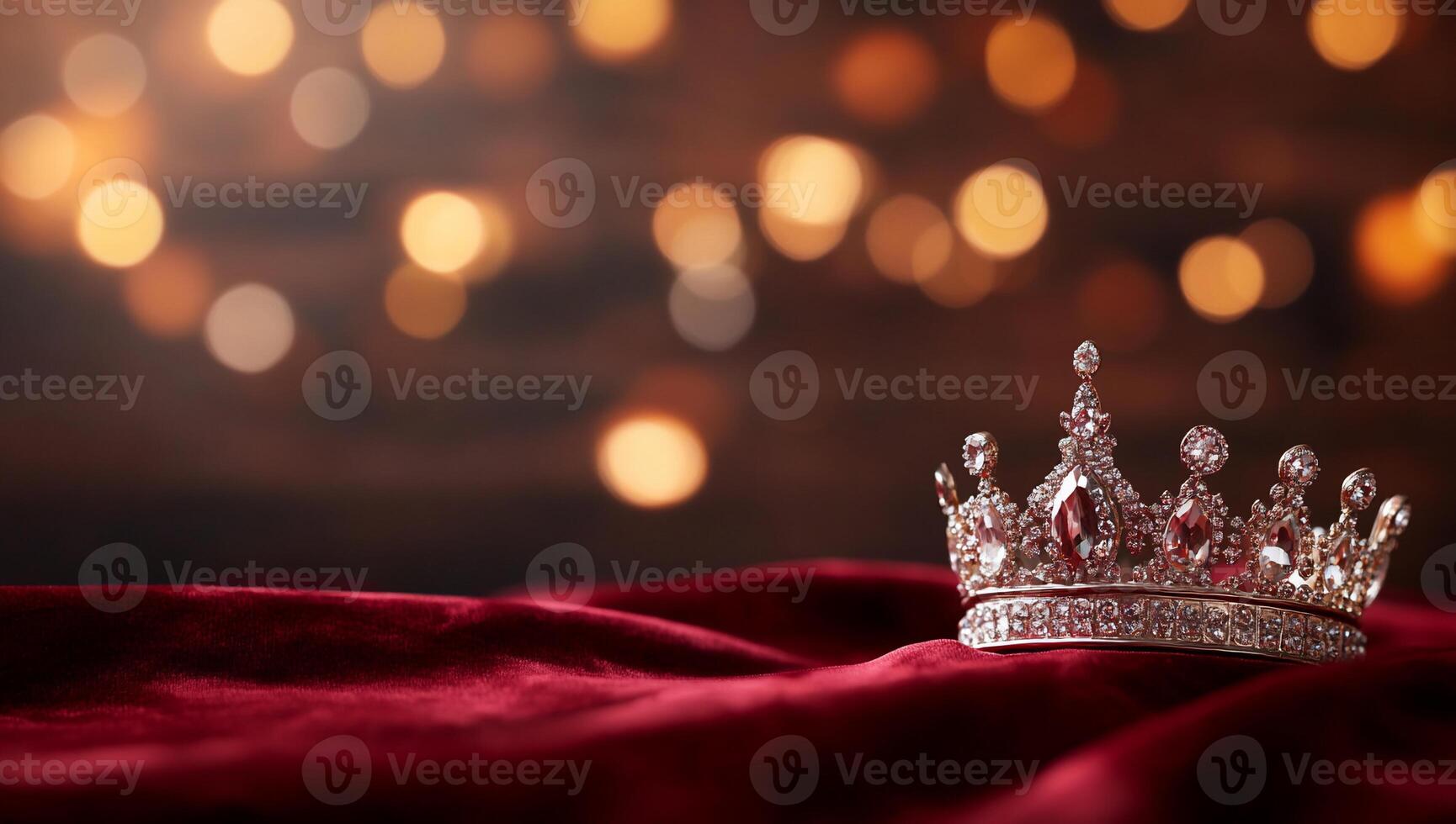 A sparkling crown rests on a rich velvet surface with bokeh lights. photo