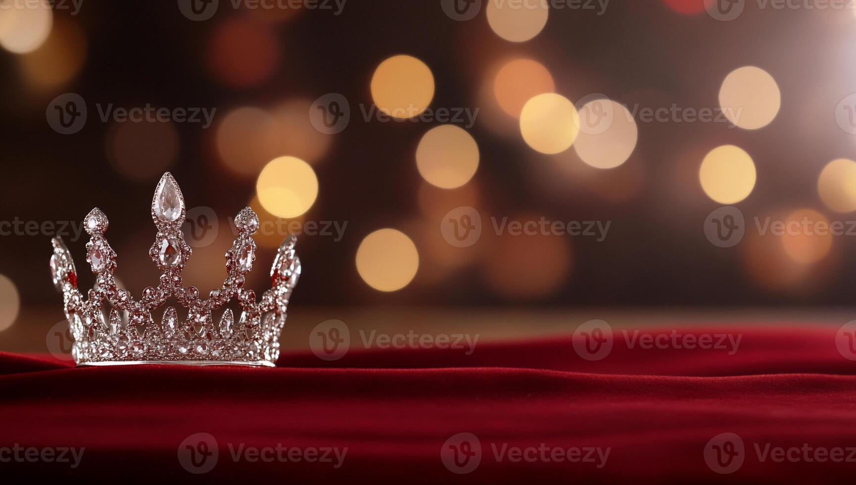 A sparkling crown rests on a red fabric with a blurred background. photo
