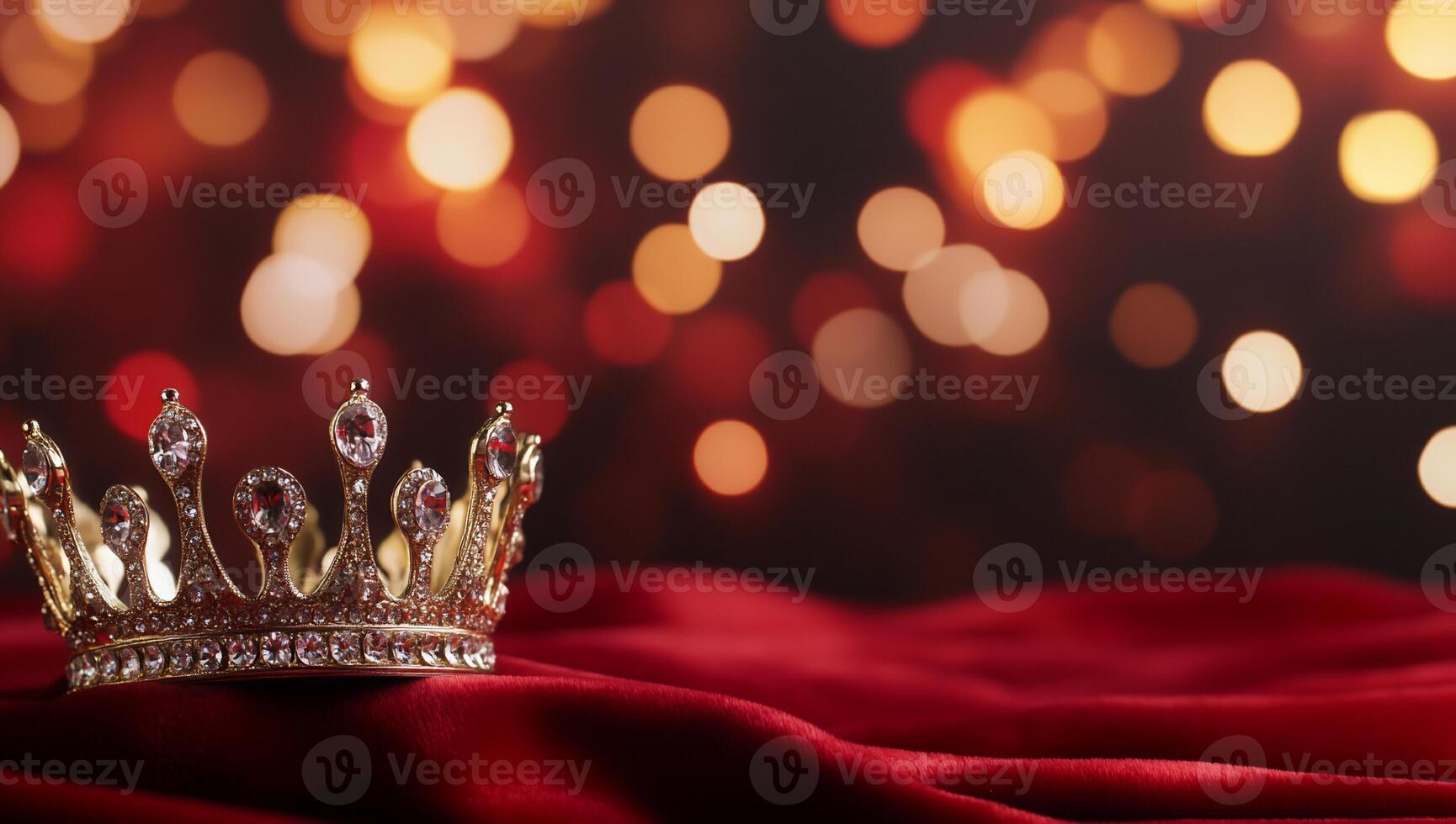 A golden crown rests on a red fabric, set against a bokeh background. photo