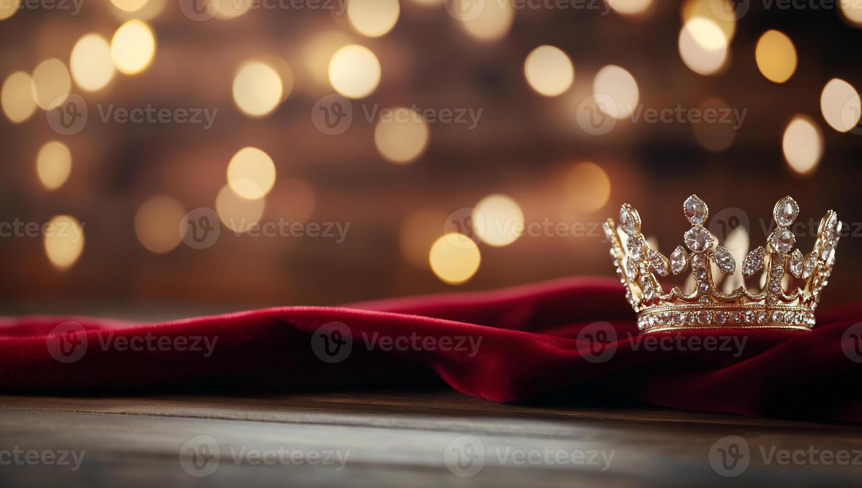 A decorative crown resting on a red fabric with blurred lights. photo