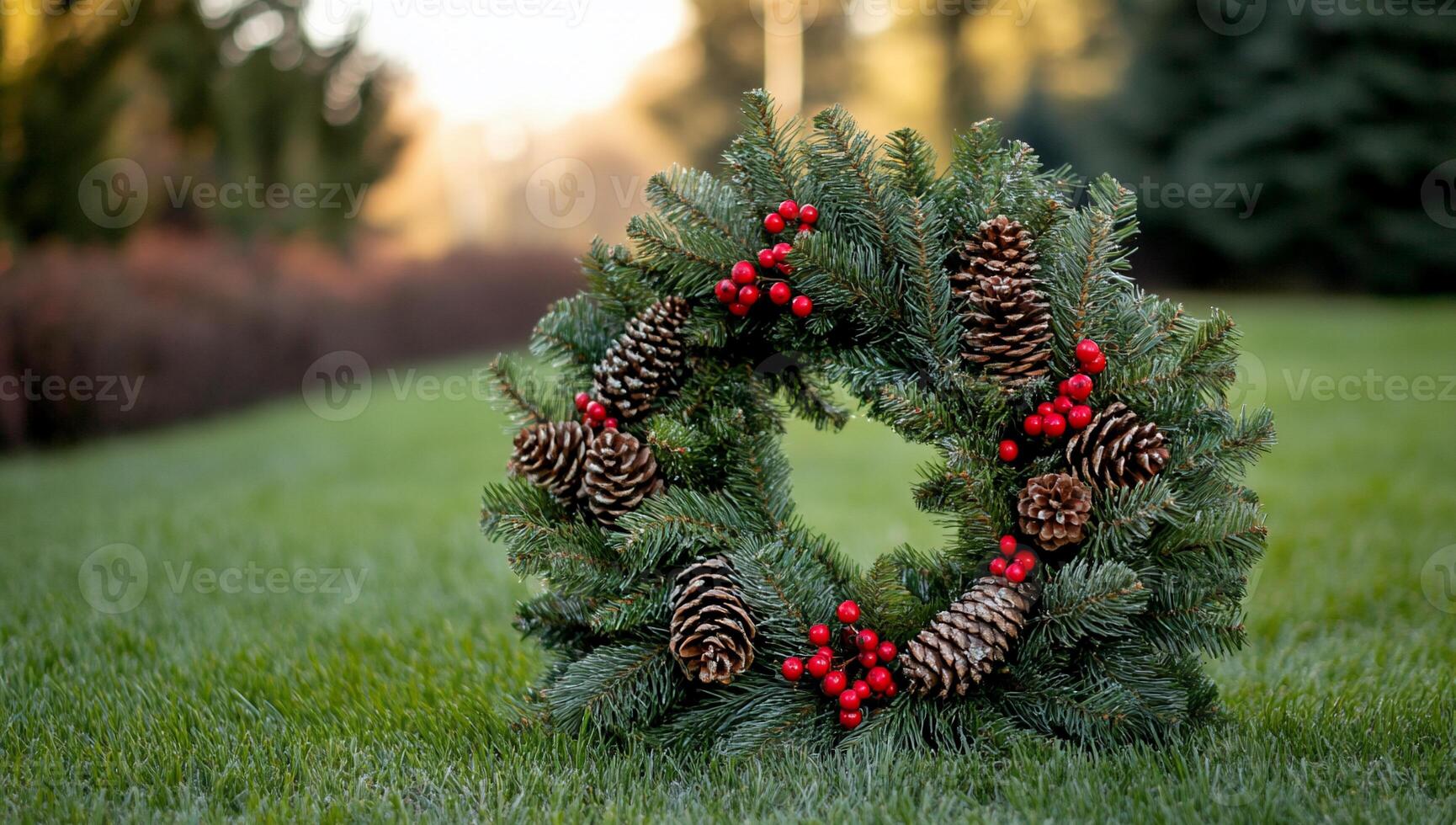 A festive wreath adorned with pine cones and red berries on grass. photo