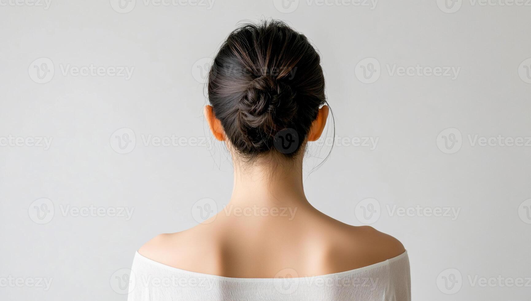 Back view of a woman with a messy bun in her hair photo