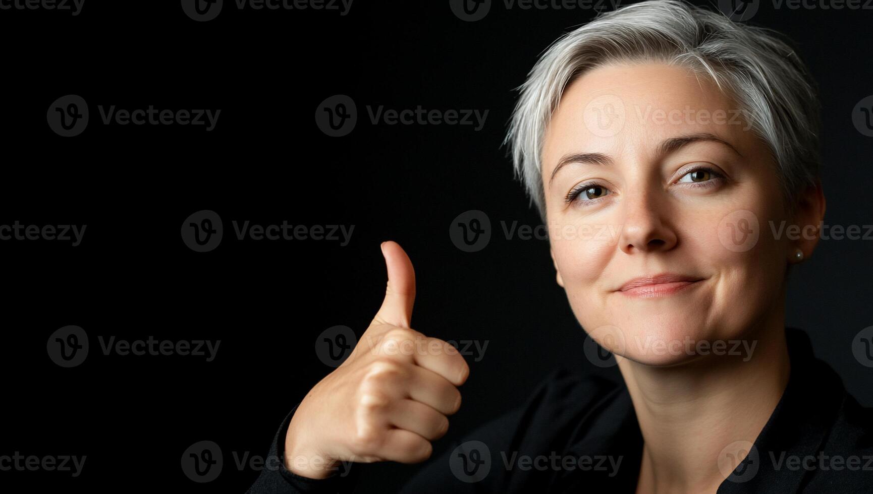 A woman with gray hair giving the thumbs up photo