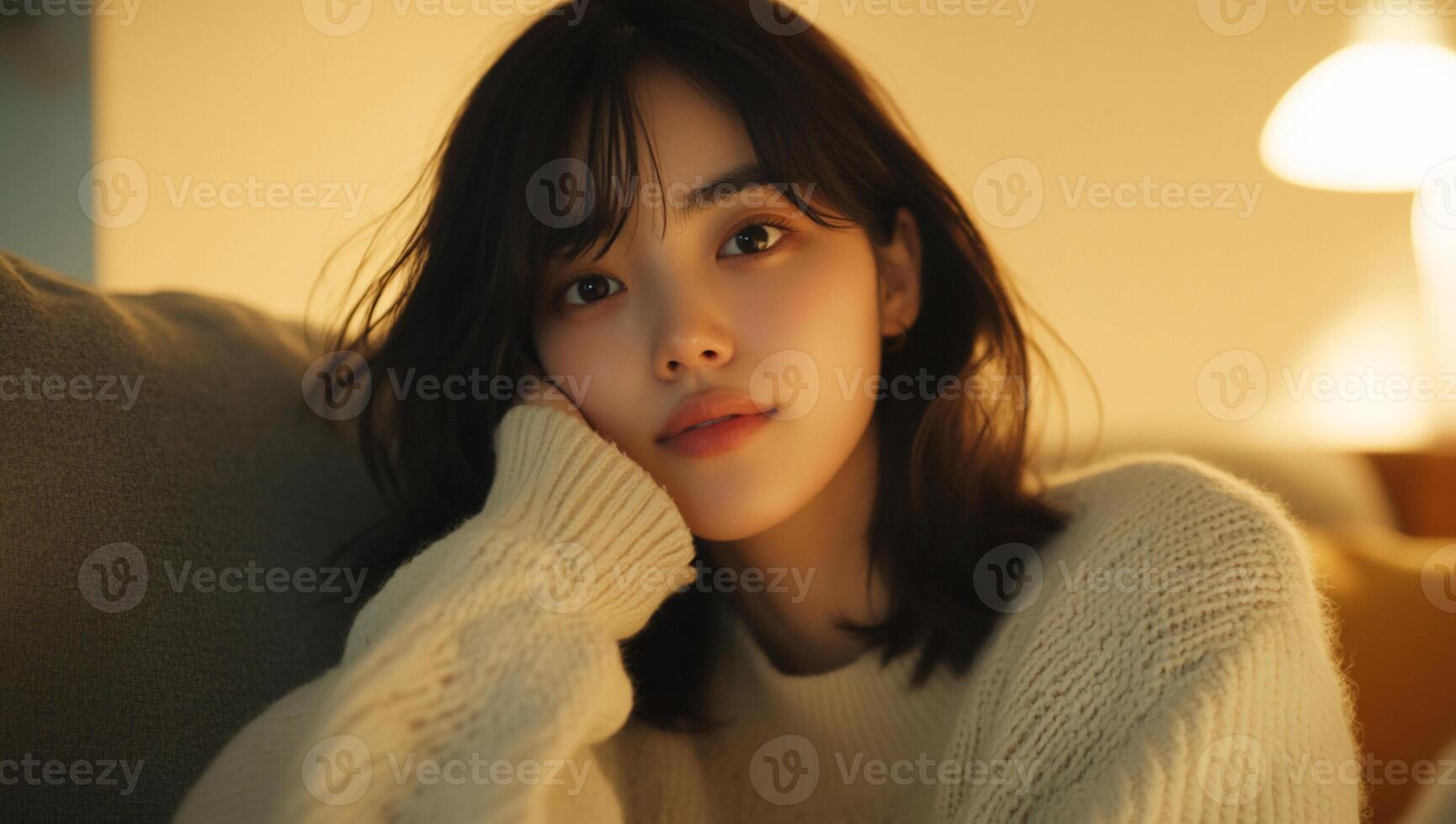 A woman in a sweater sitting on a couch photo