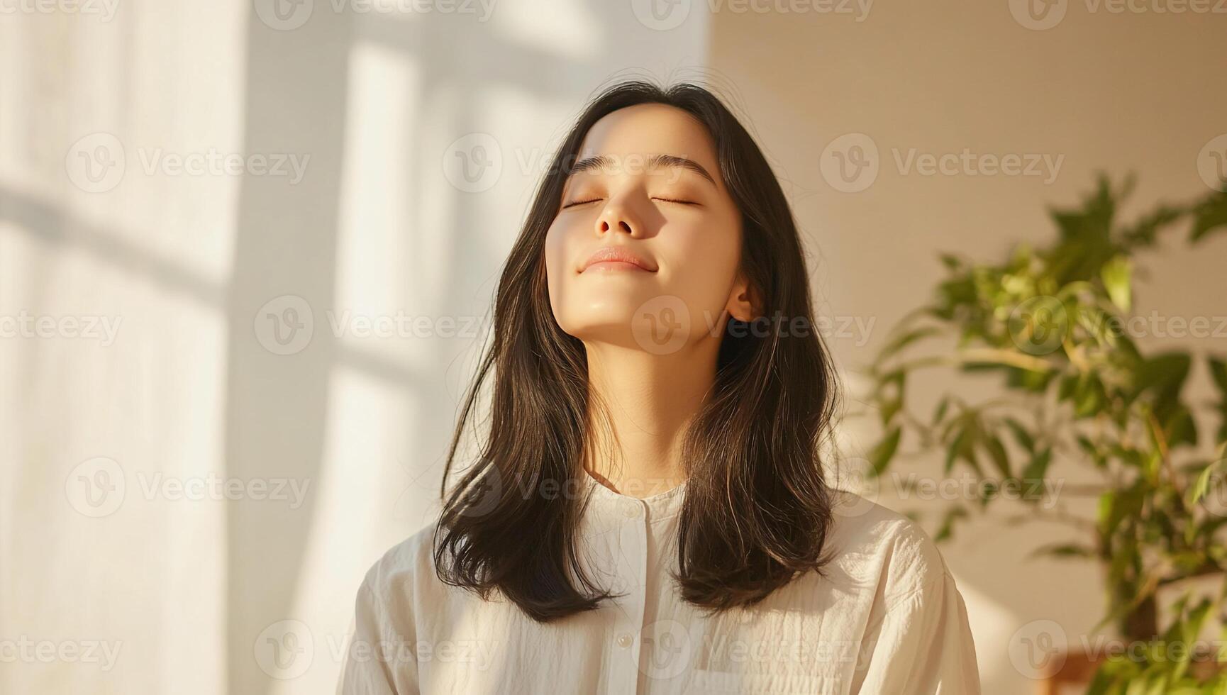 A woman is sitting in a chair with her eyes closed photo