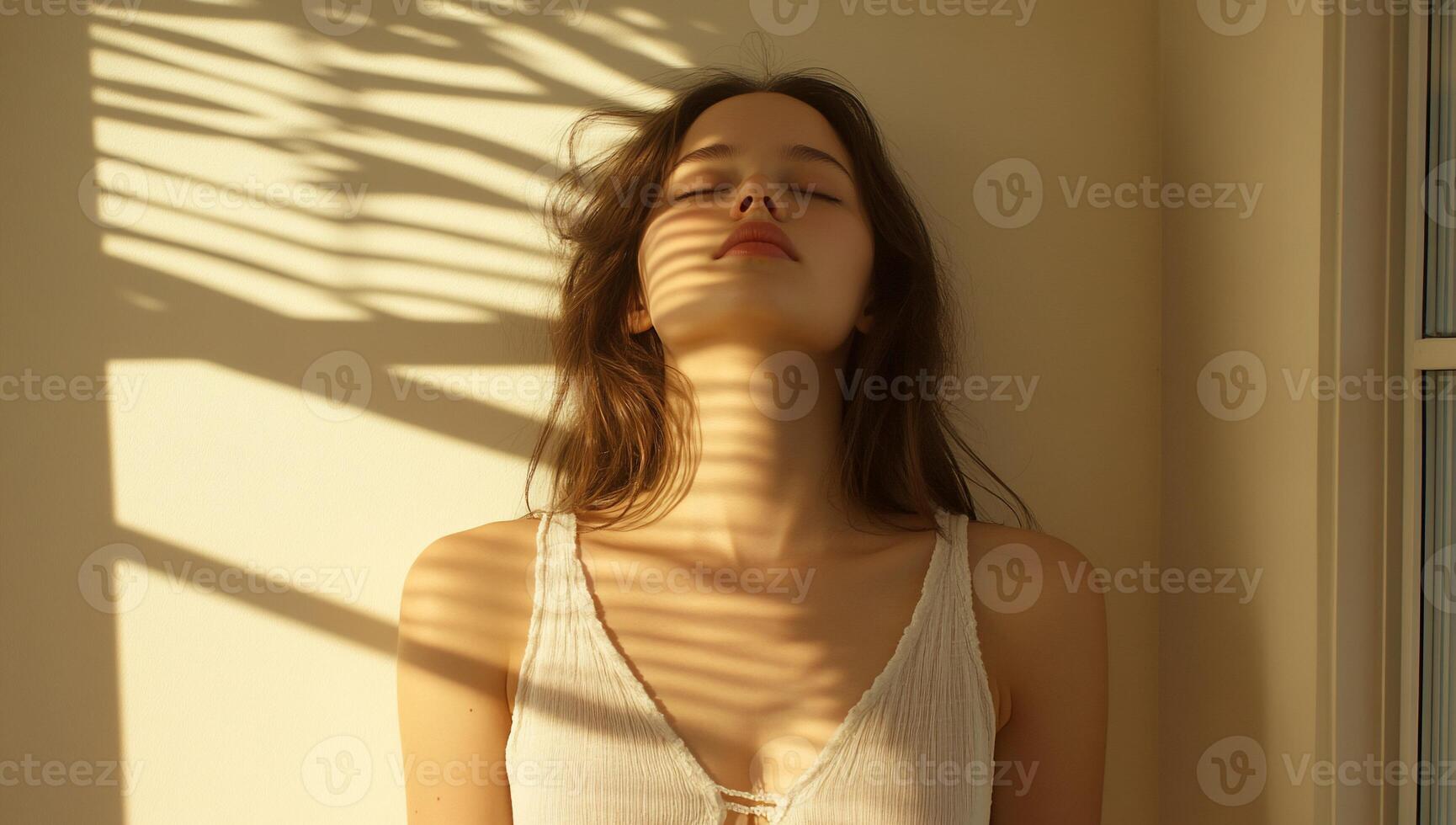 A woman is standing in front of a window with her eyes closed photo