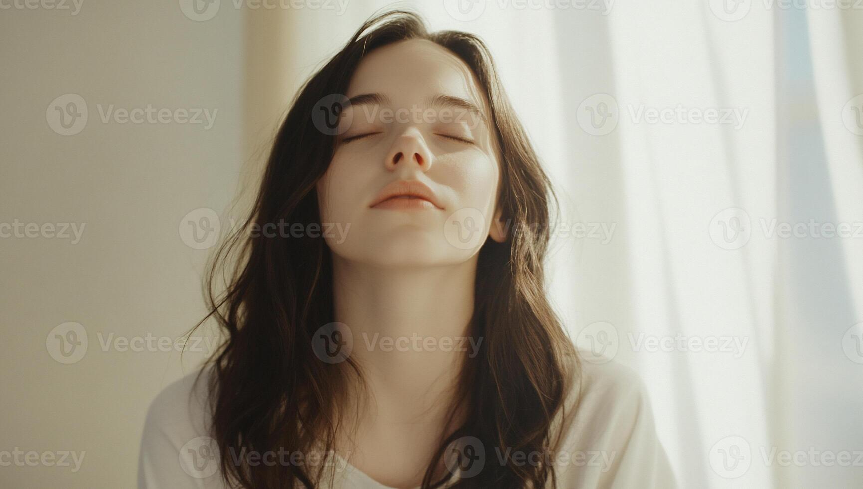 A woman with her eyes closed and her head tilted up photo