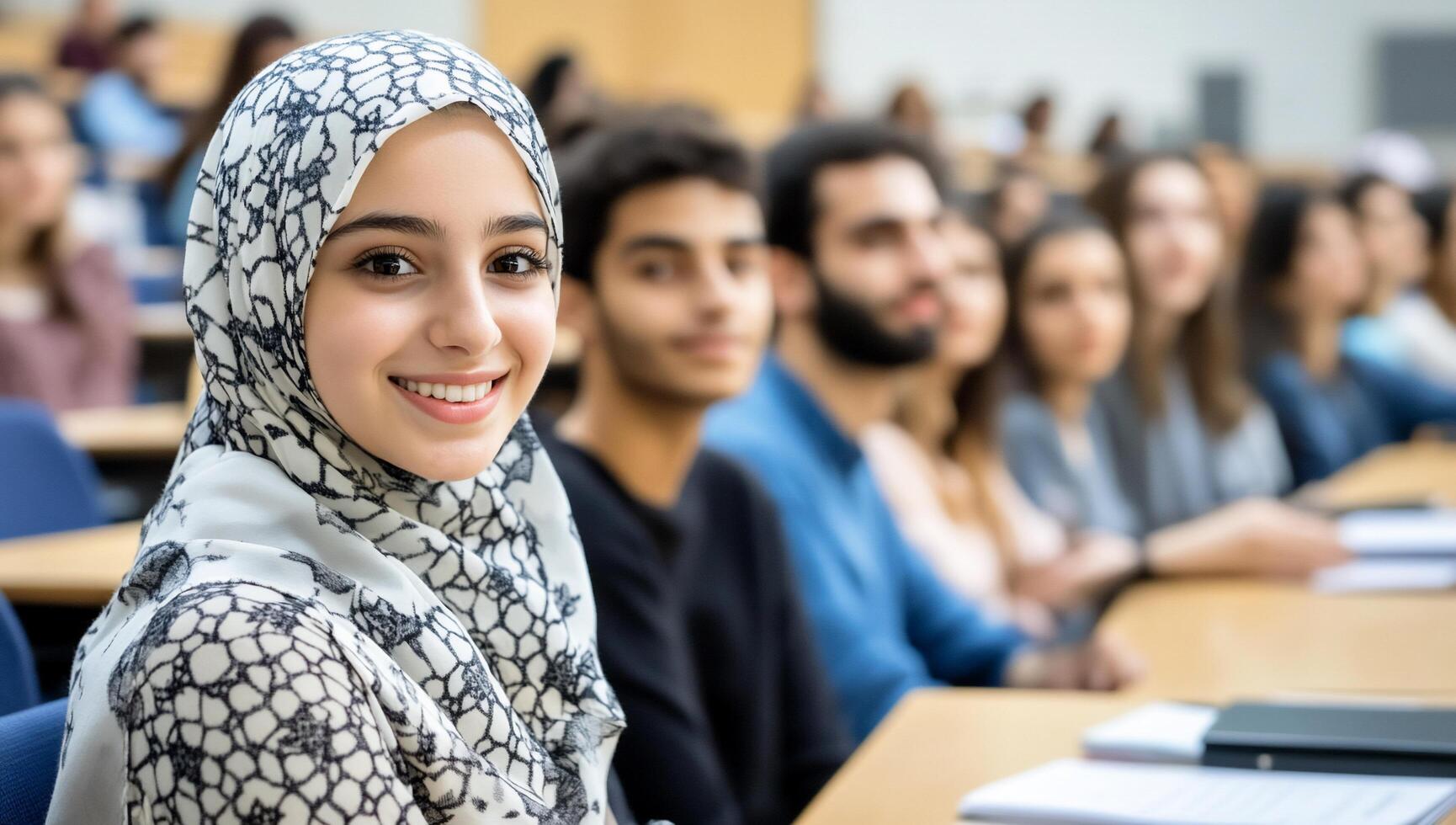 A diverse group of students engaged in a classroom setting. photo