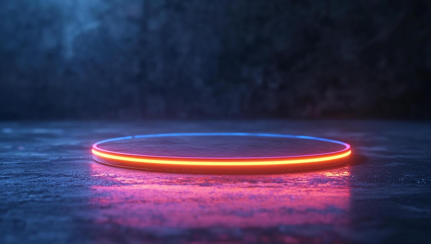 A glowing circular platform with neon lights on a textured surface. photo