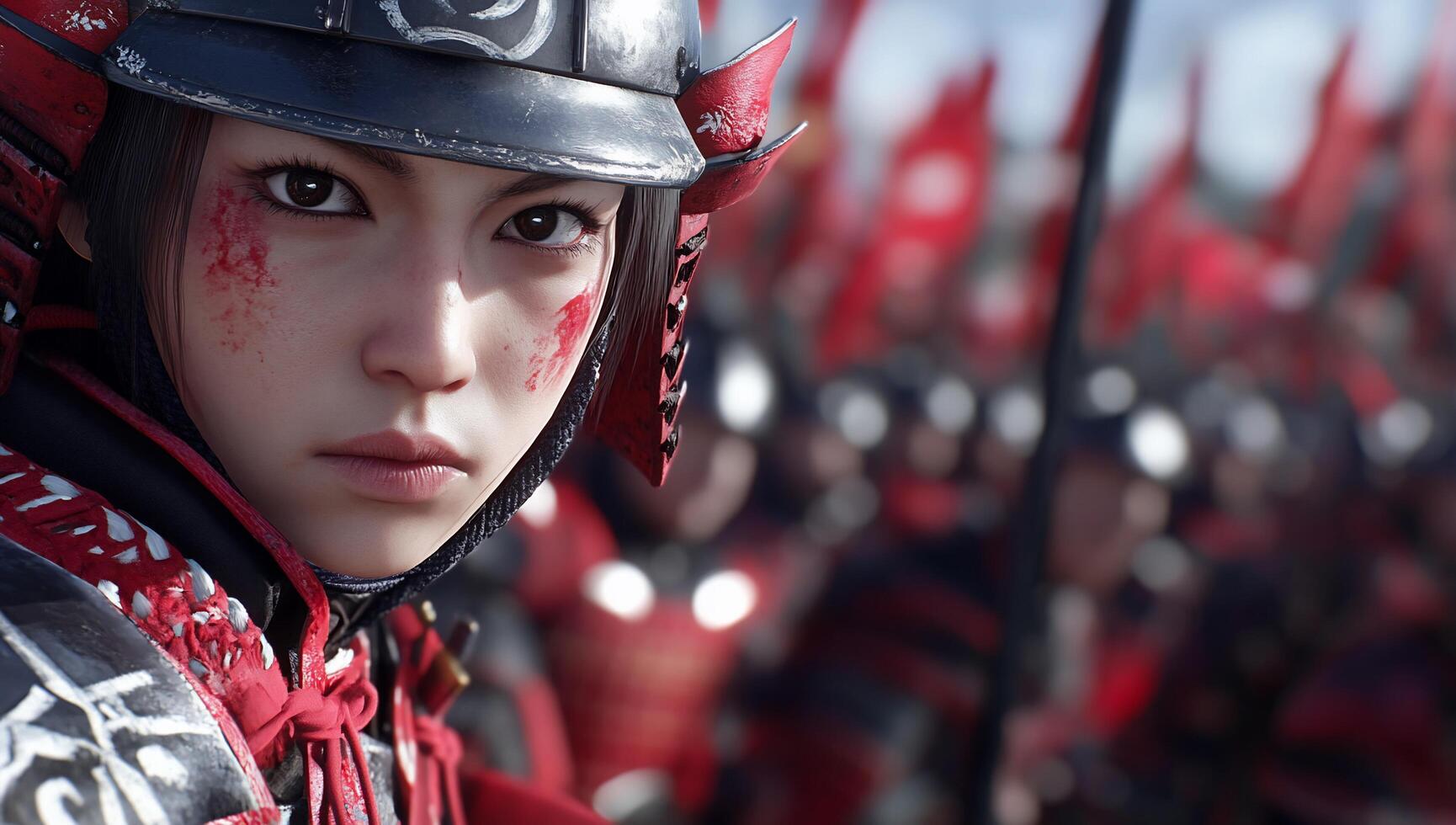 A samurai warrior gazes intensely amidst a crowd of soldiers. photo