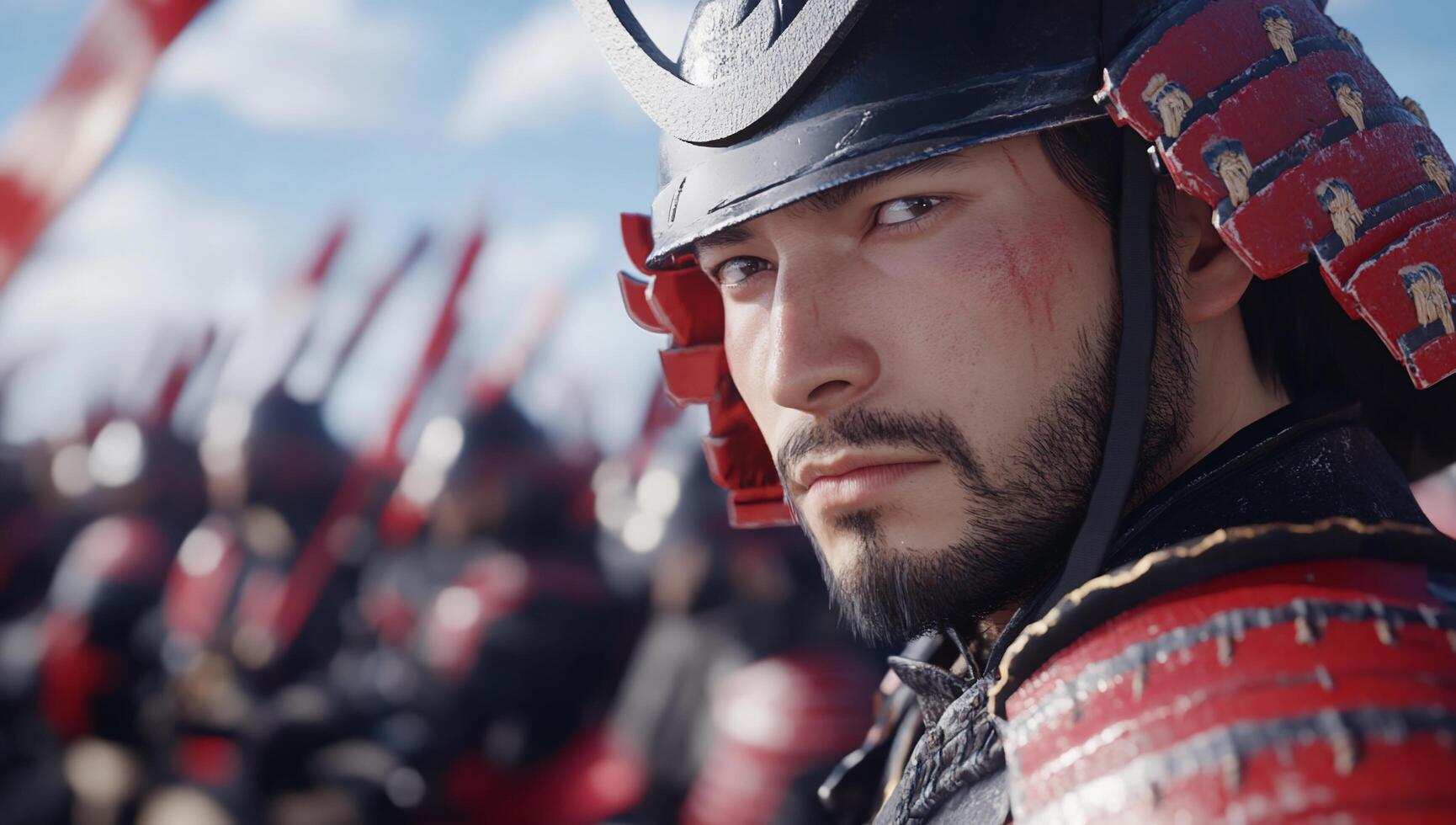 A samurai warrior gazes intensely, surrounded by fellow soldiers. photo