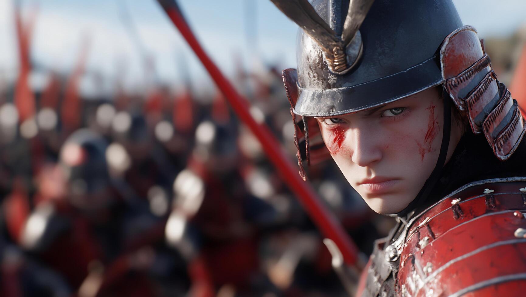 A fierce warrior in armor stands amidst a battle-ready army. photo