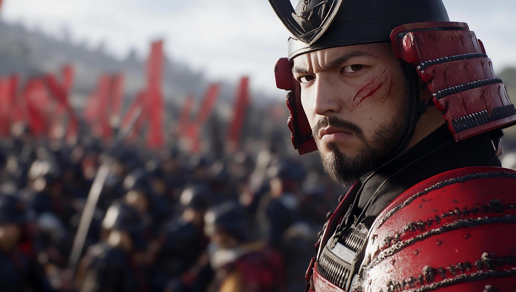 A samurai warrior in armor stands before a crowd, preparing for battle. photo