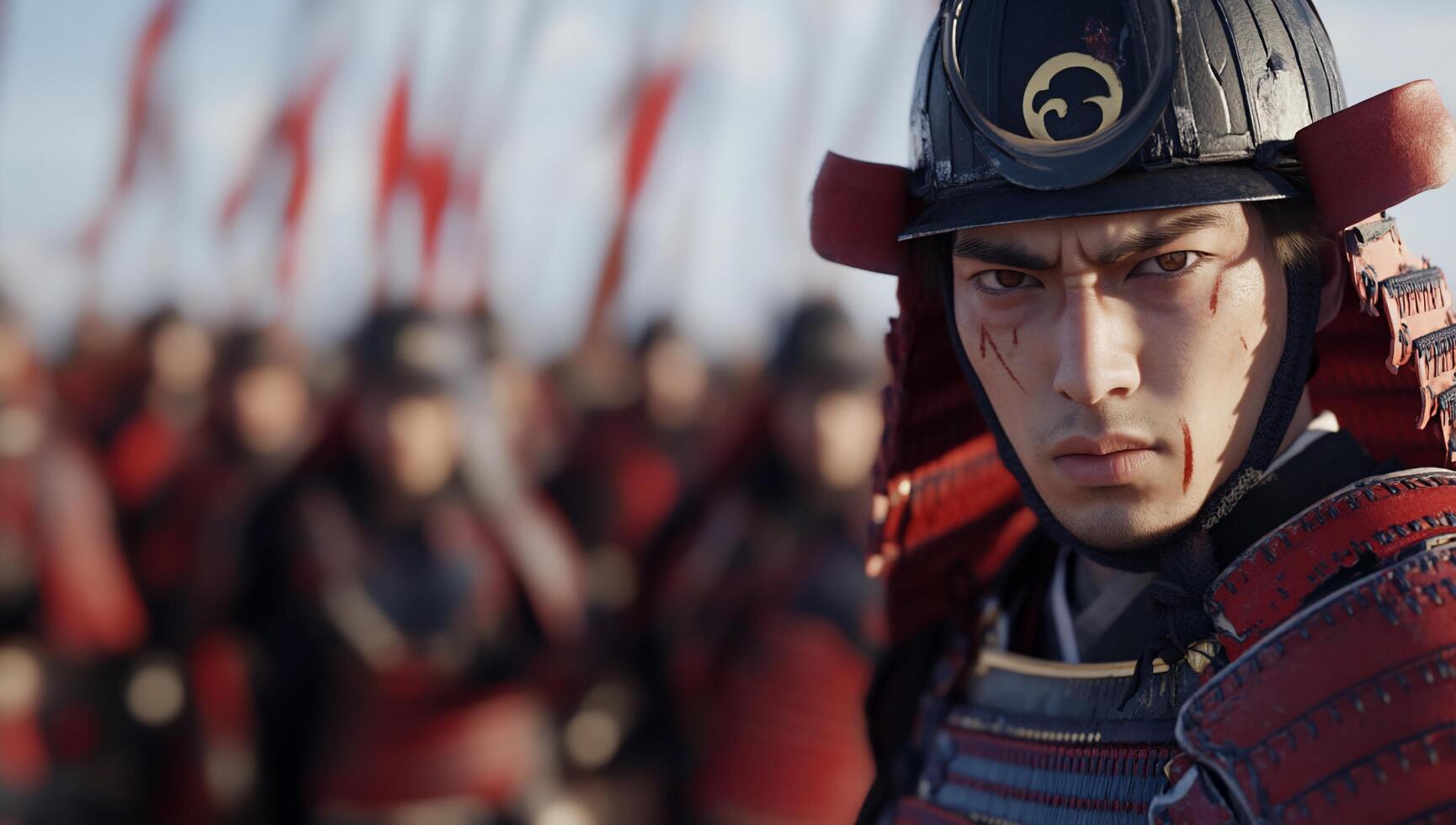 A focused samurai warrior amidst a blurred army backdrop. photo