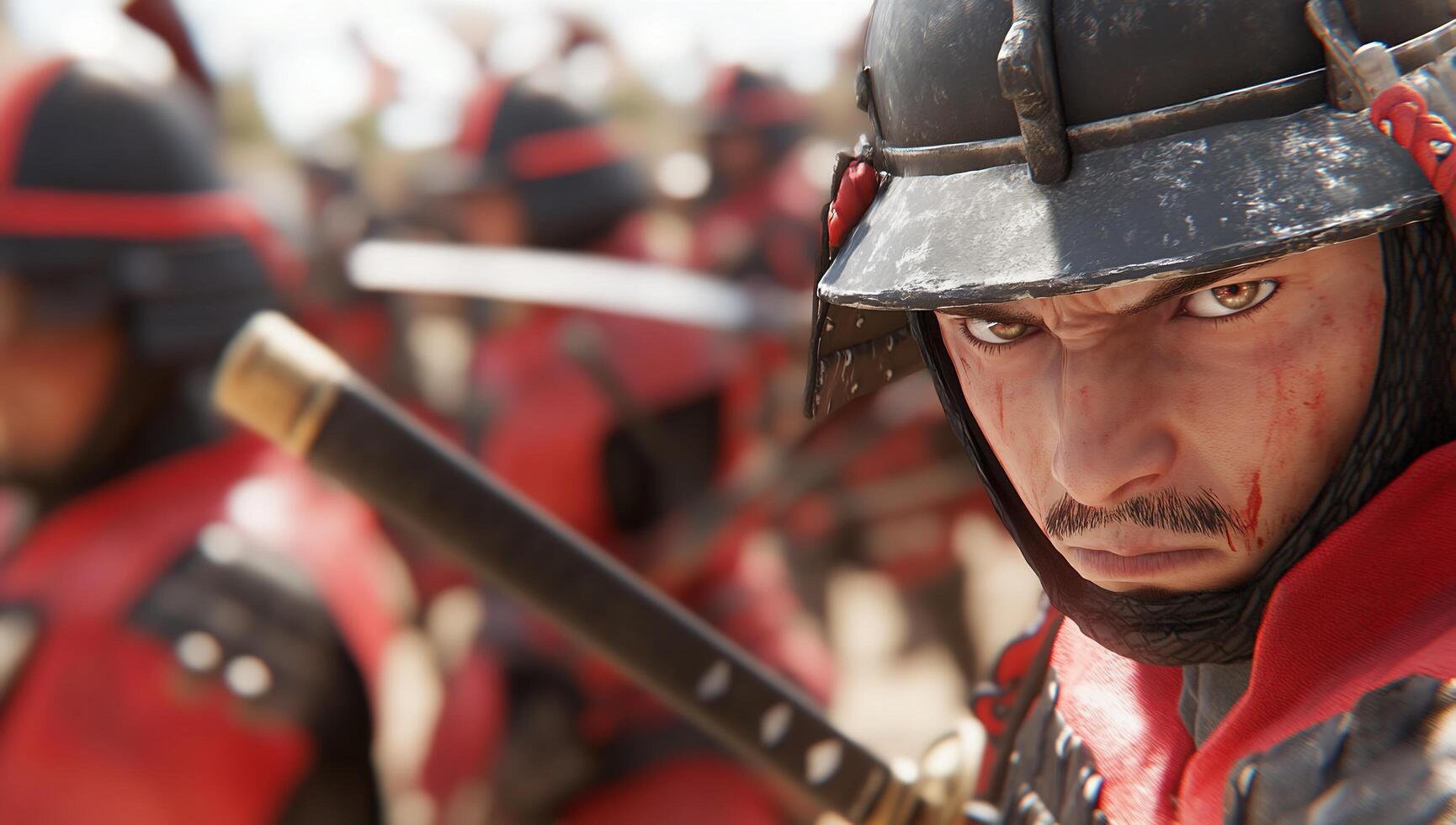 A close-up of a serious warrior in battle attire, ready for combat. photo