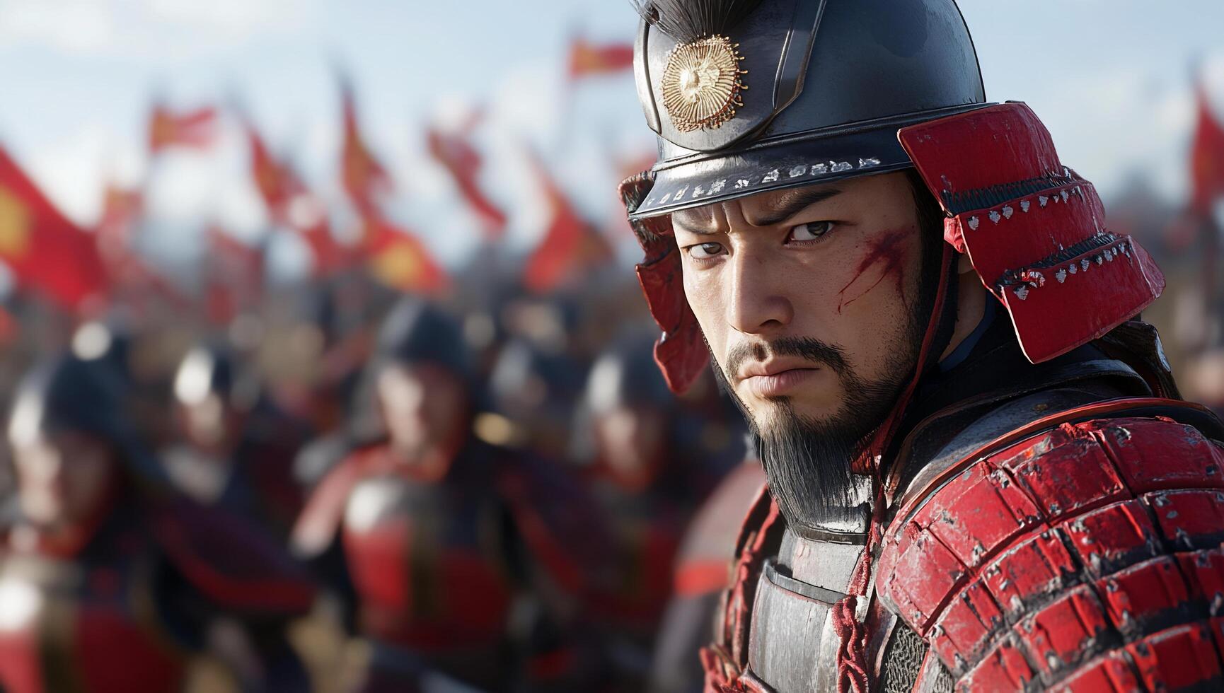 A warrior in traditional armor stands before an army, ready for battle. photo