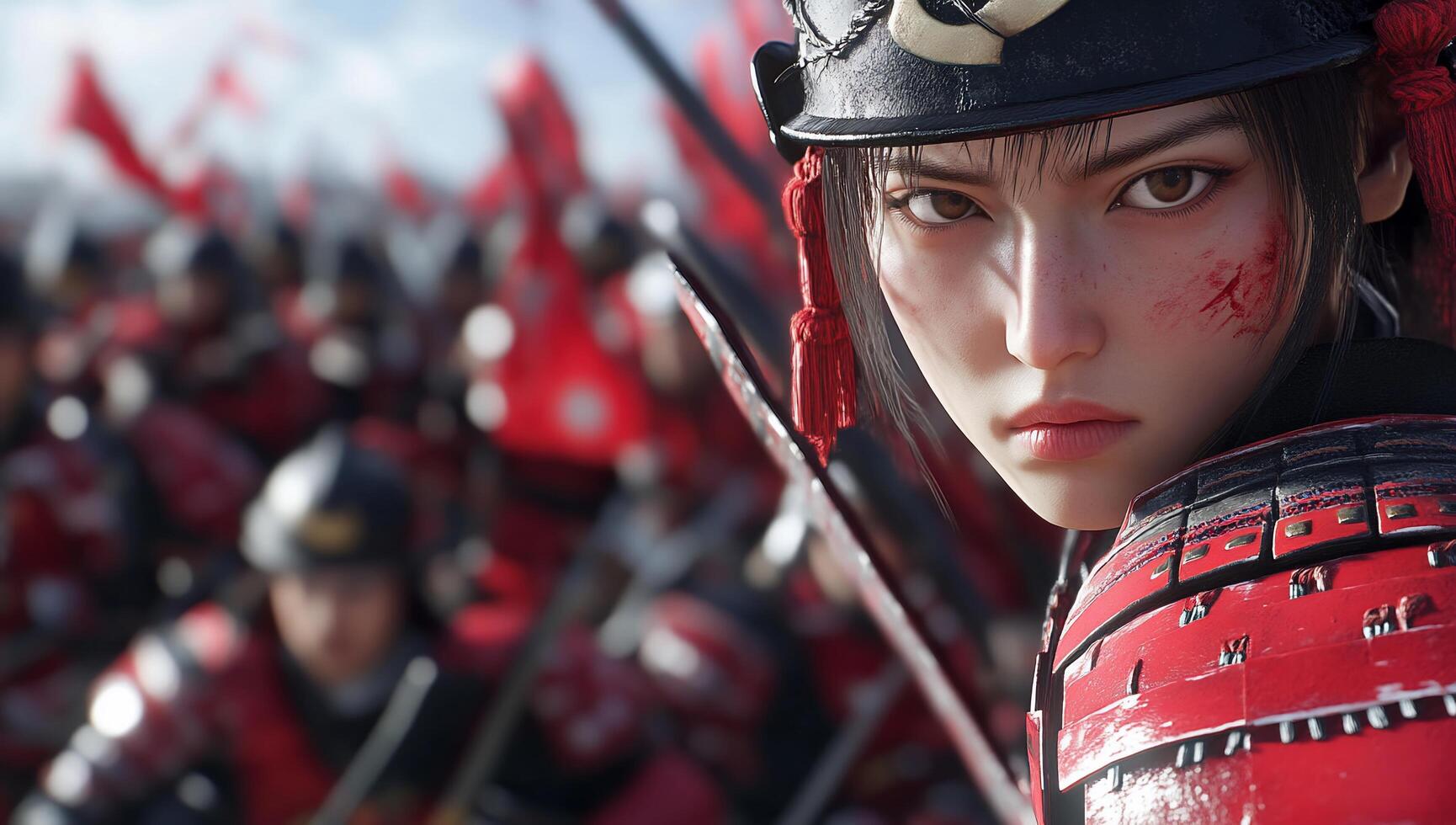 A fierce warrior in red armor stands amidst a battle-ready army. photo