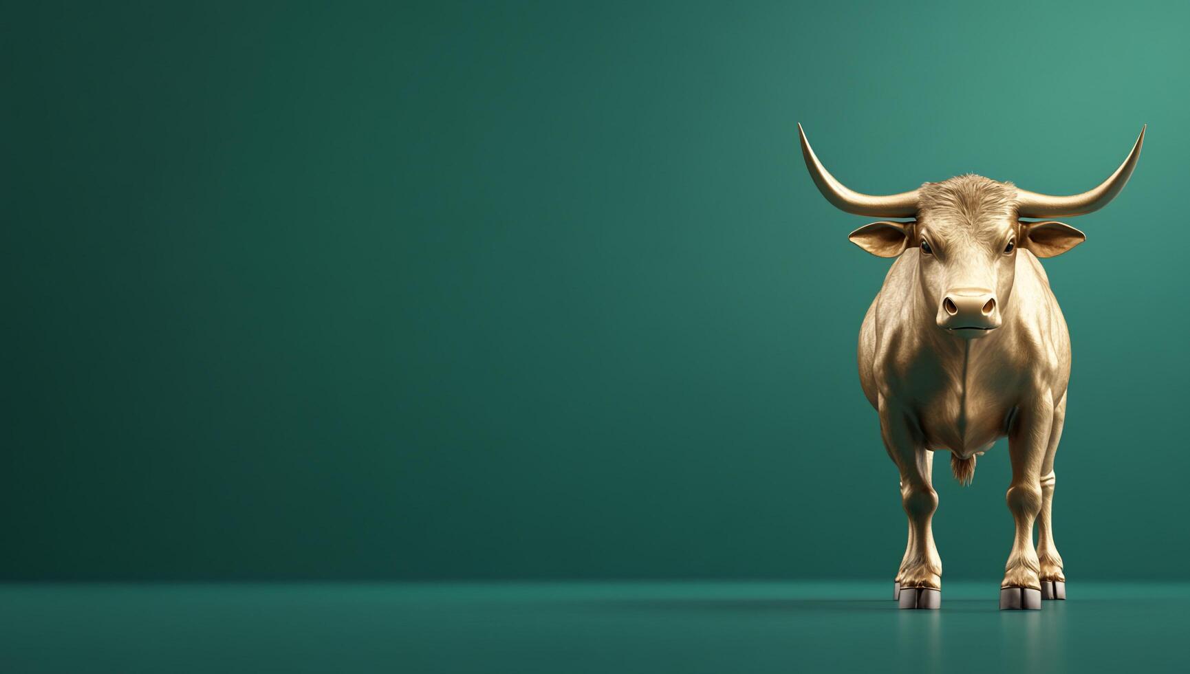 A golden bull stands against a green backdrop, symbolizing strength. photo