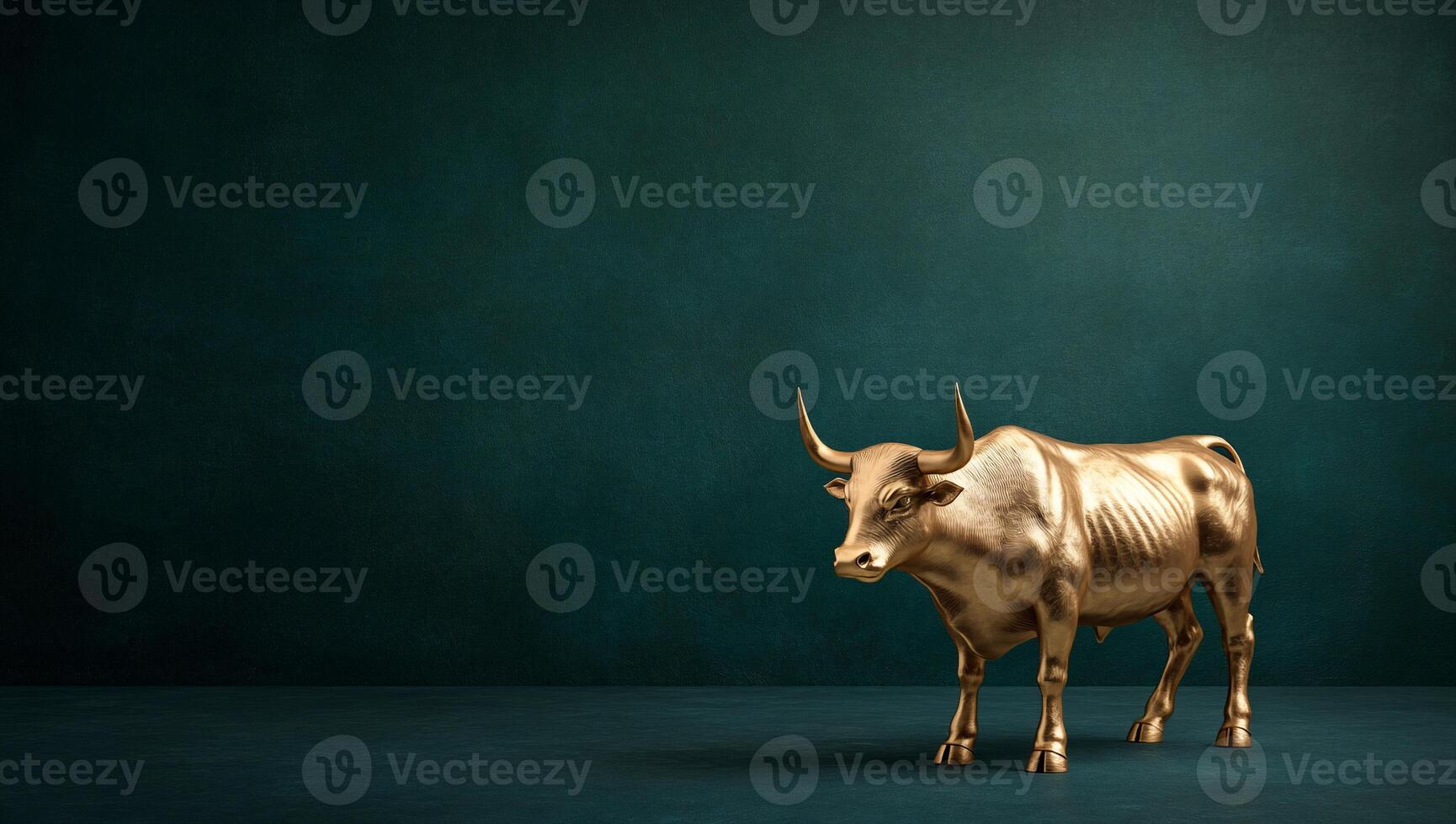 Golden bull statue on dark background photo