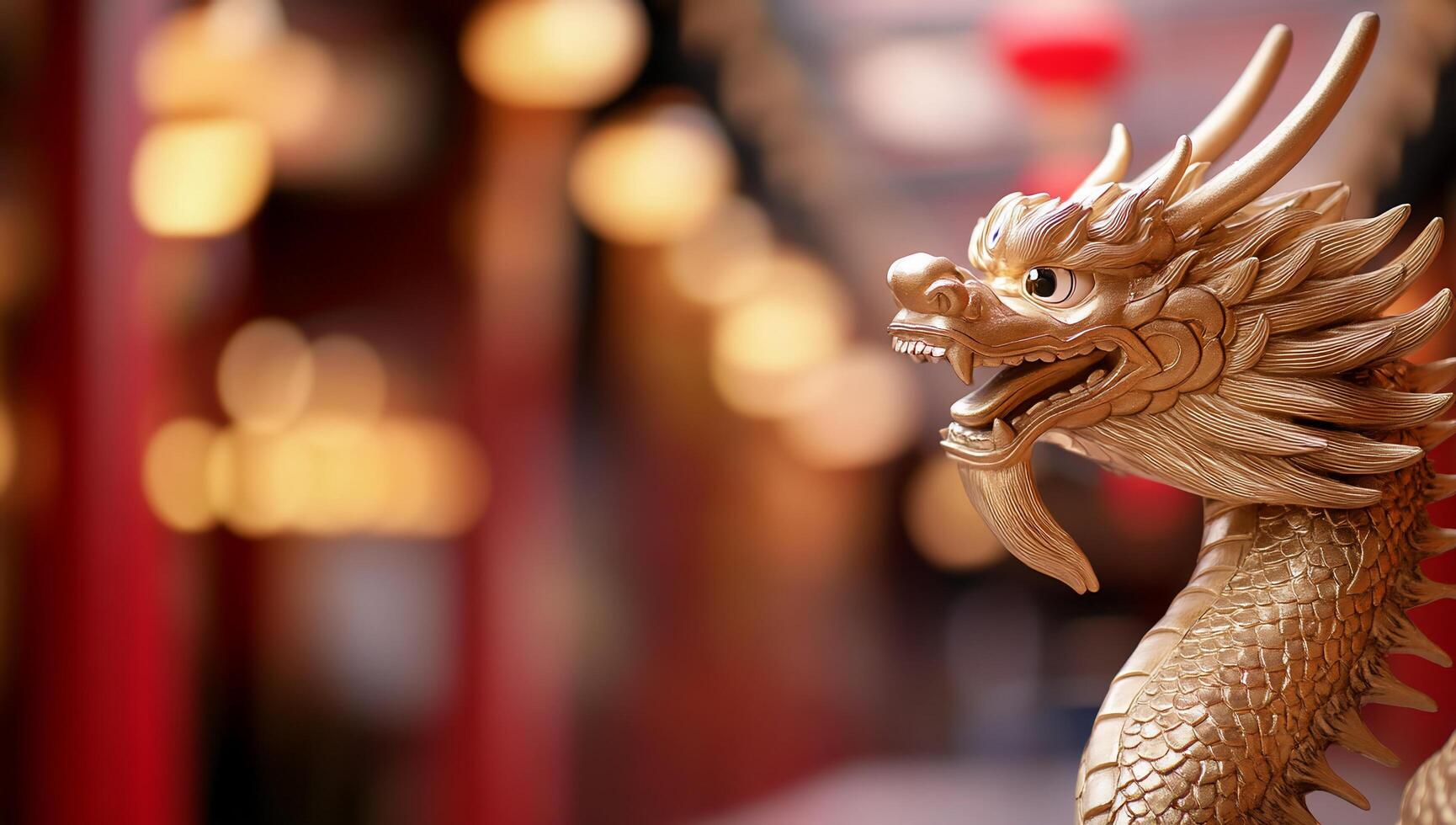 A golden dragon sculpture set against a blurred background. photo