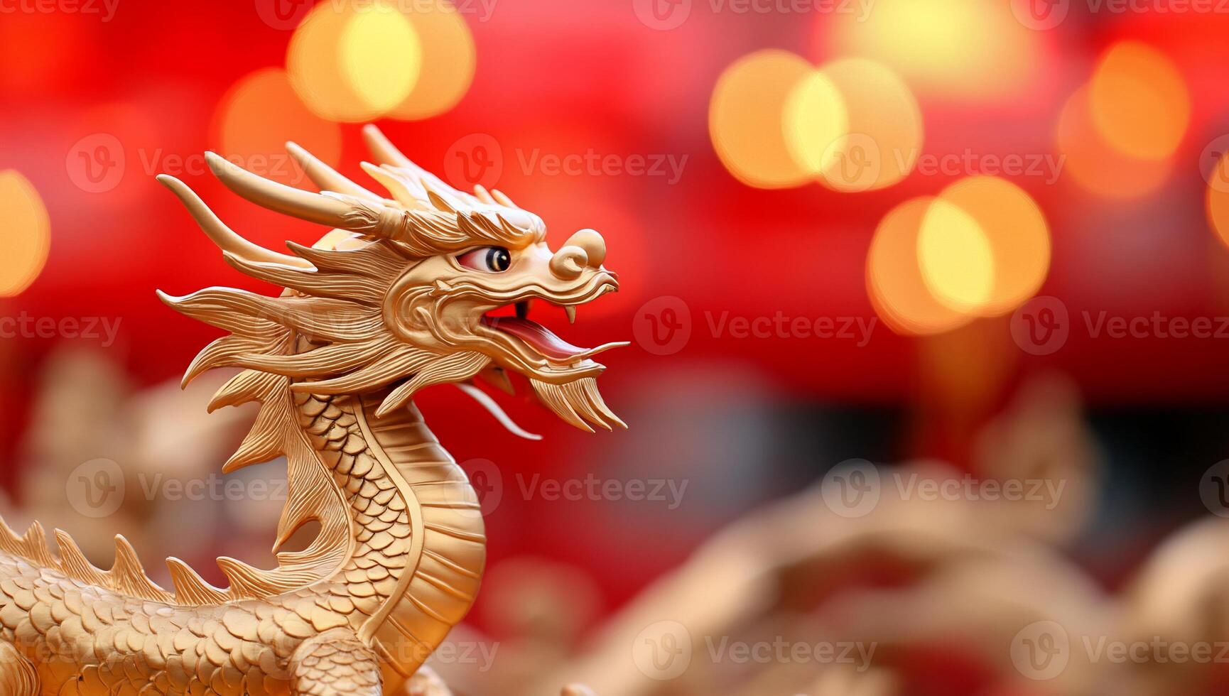 A golden dragon sculpture with a blurred red background. photo
