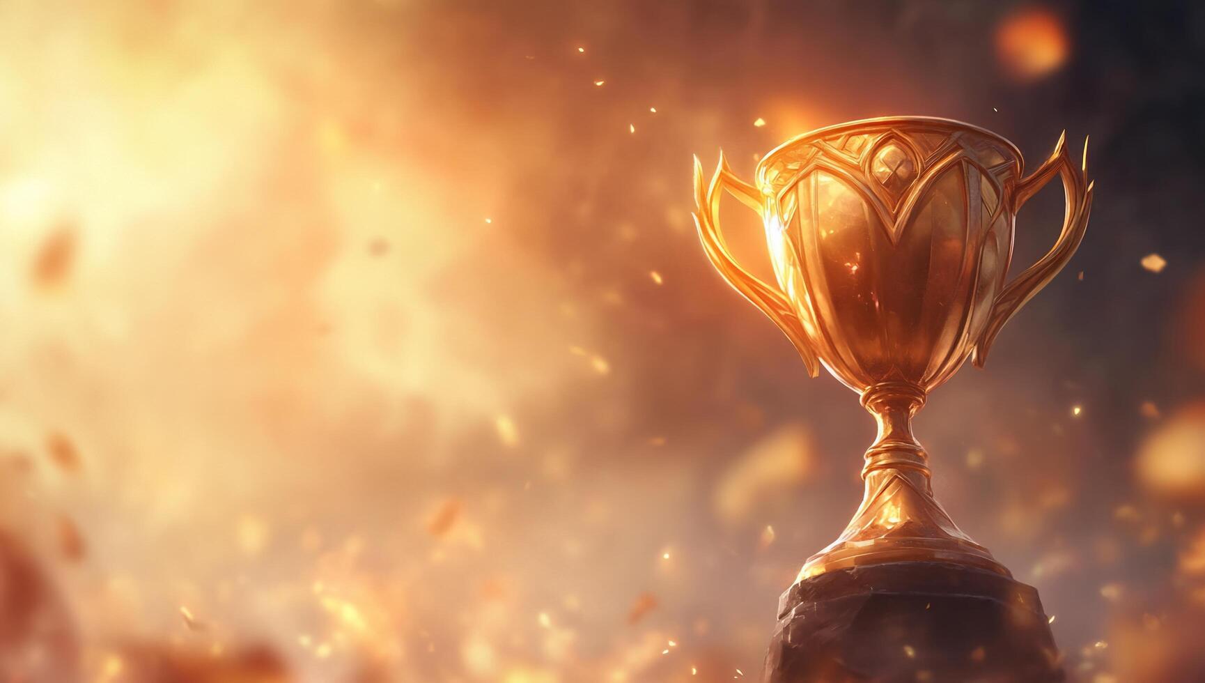 A golden trophy stands amidst a fiery background, symbolizing victory. photo