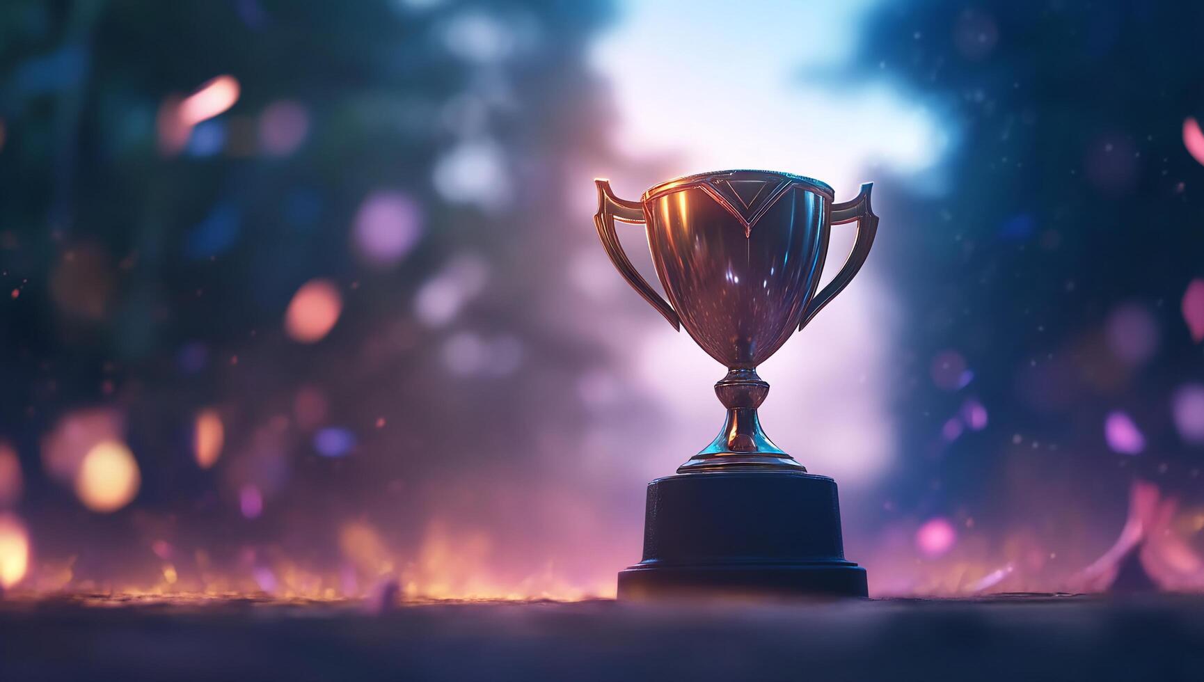 A shiny trophy stands amidst a colorful, blurred background. photo
