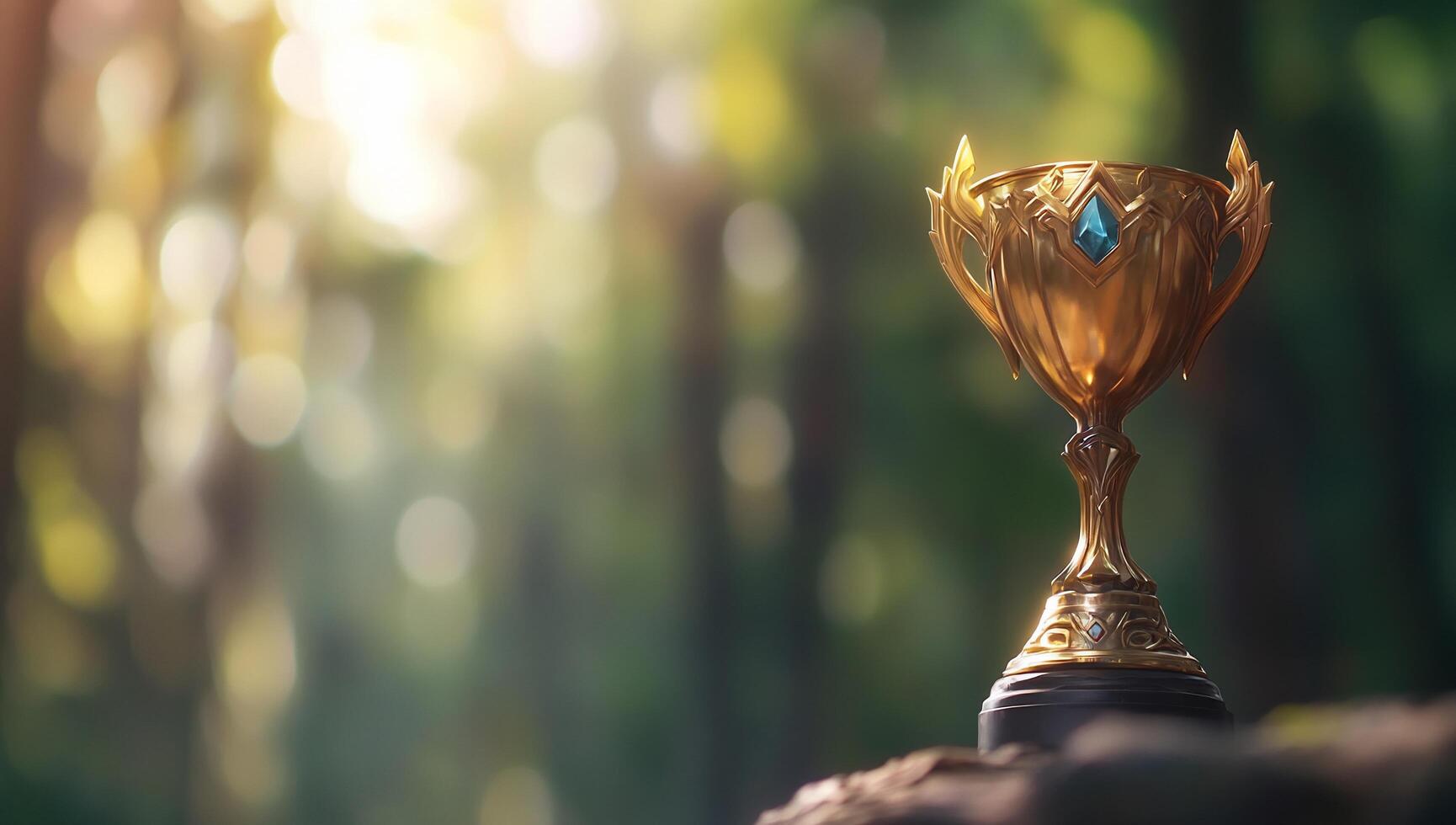A golden trophy glimmers in a serene forest setting. photo