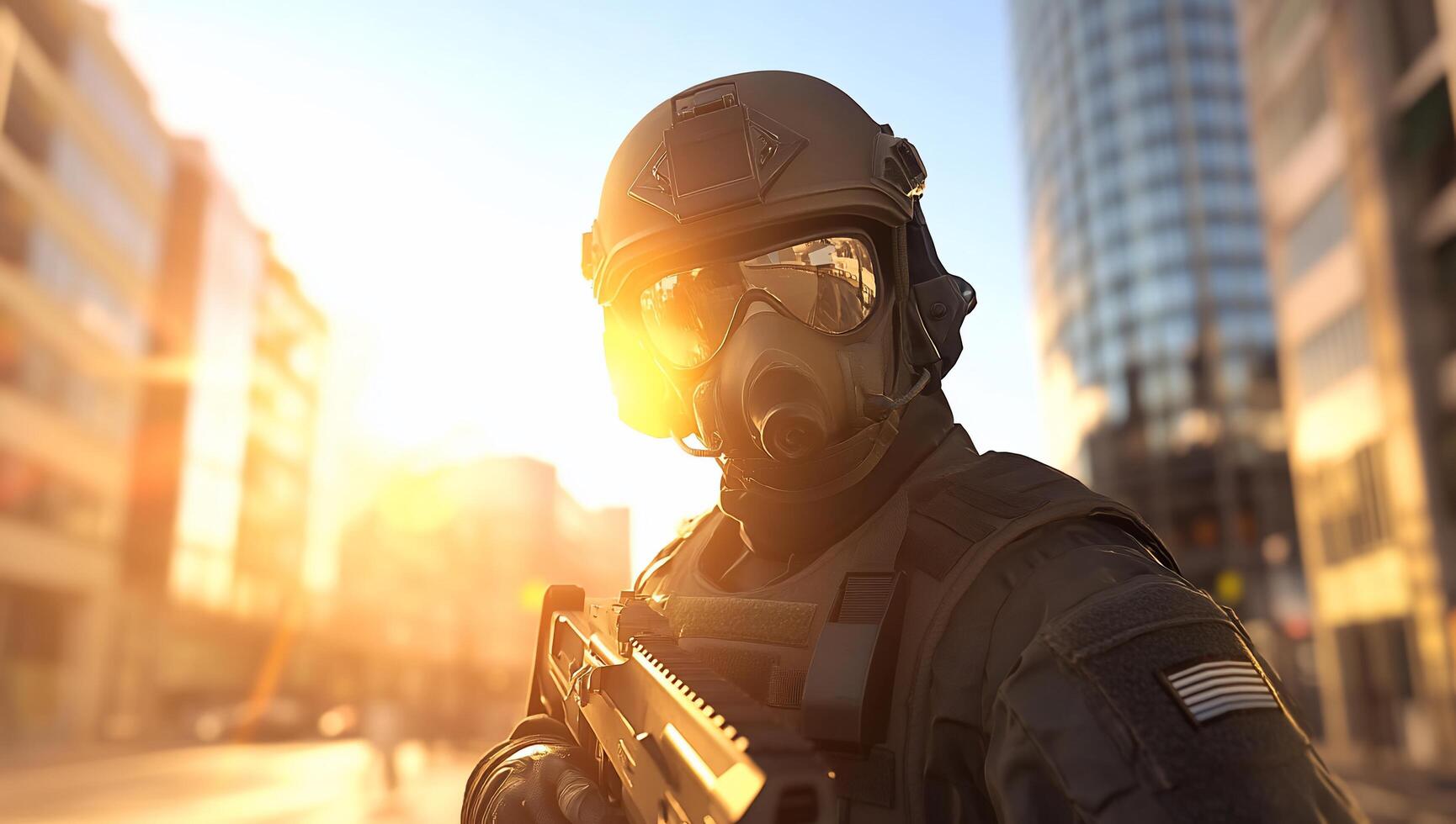 Soldier in tactical gear with a firearm against a sunset backdrop. photo