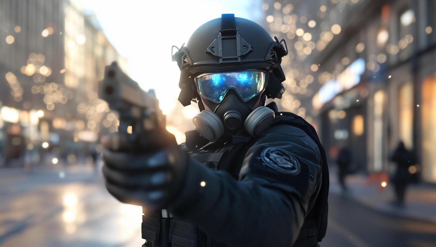 A tactical officer in a gas mask aims a handgun in an urban setting. photo