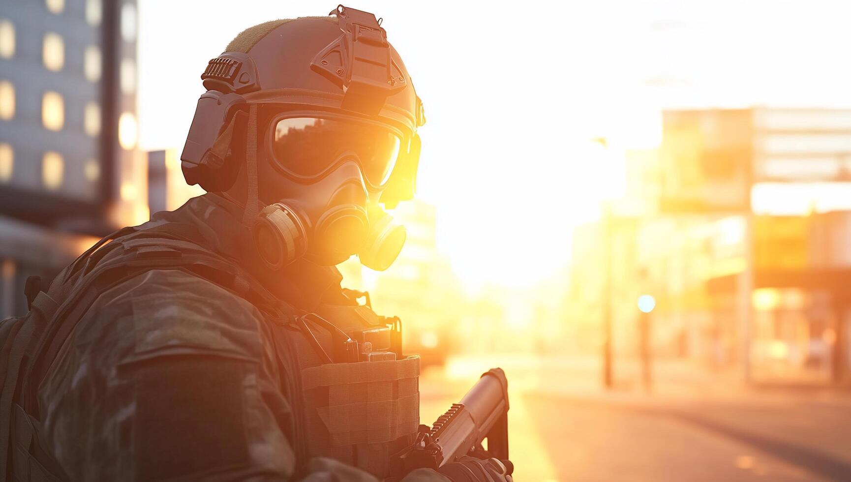 Soldier in gas mask and military gear, standing in urban sunset. photo