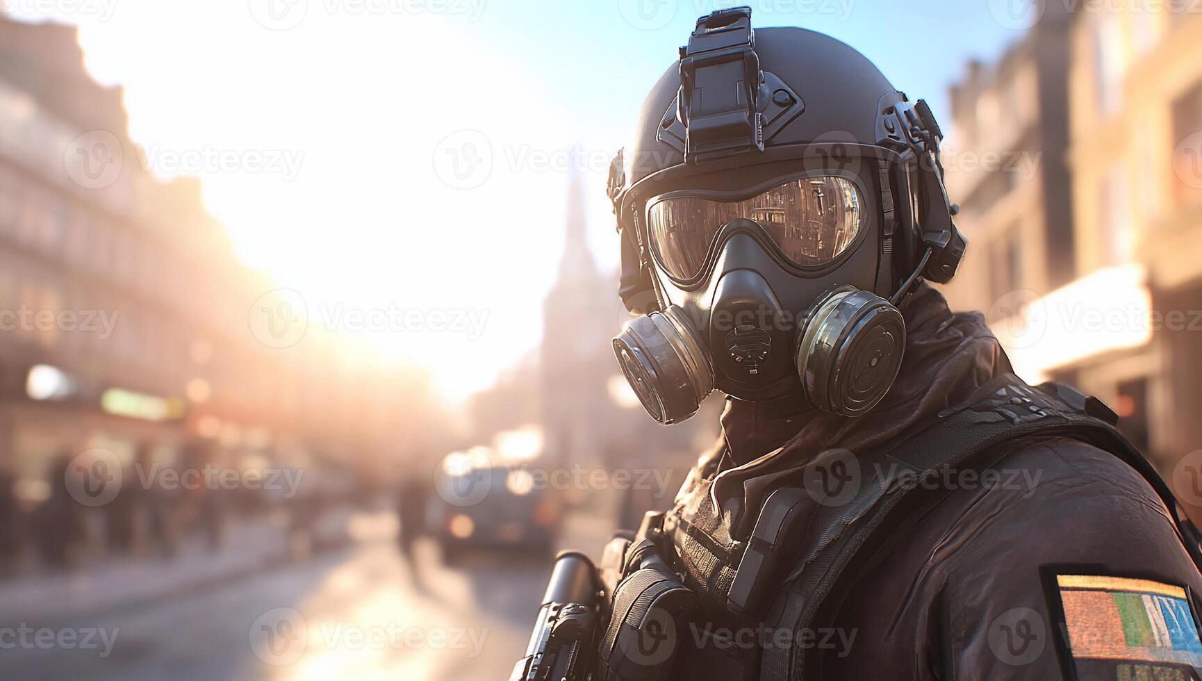 A man in a gas mask and helmet walking down the street photo