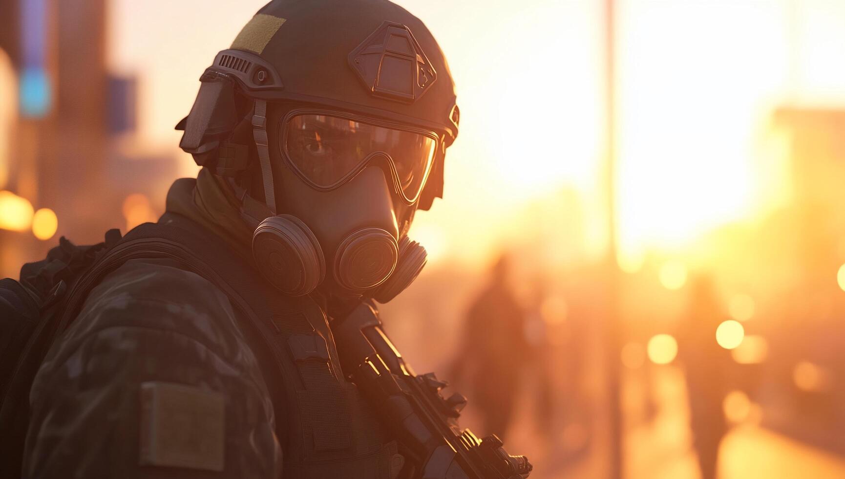 A soldier in a gas mask stands against a sunset backdrop. photo