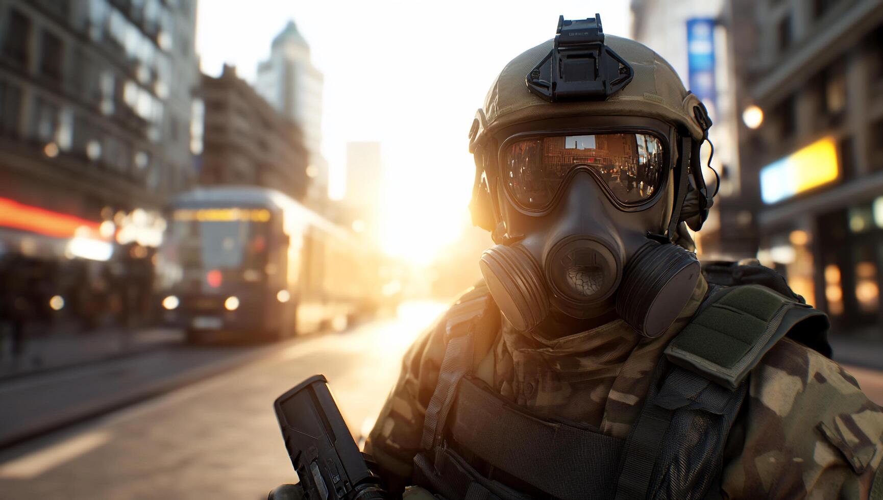 Soldier in gas mask stands in urban setting during sunset. photo