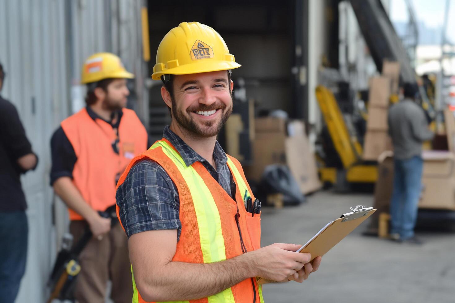 Smiling worker in safety gear holding a clipboard at a warehouse. photo