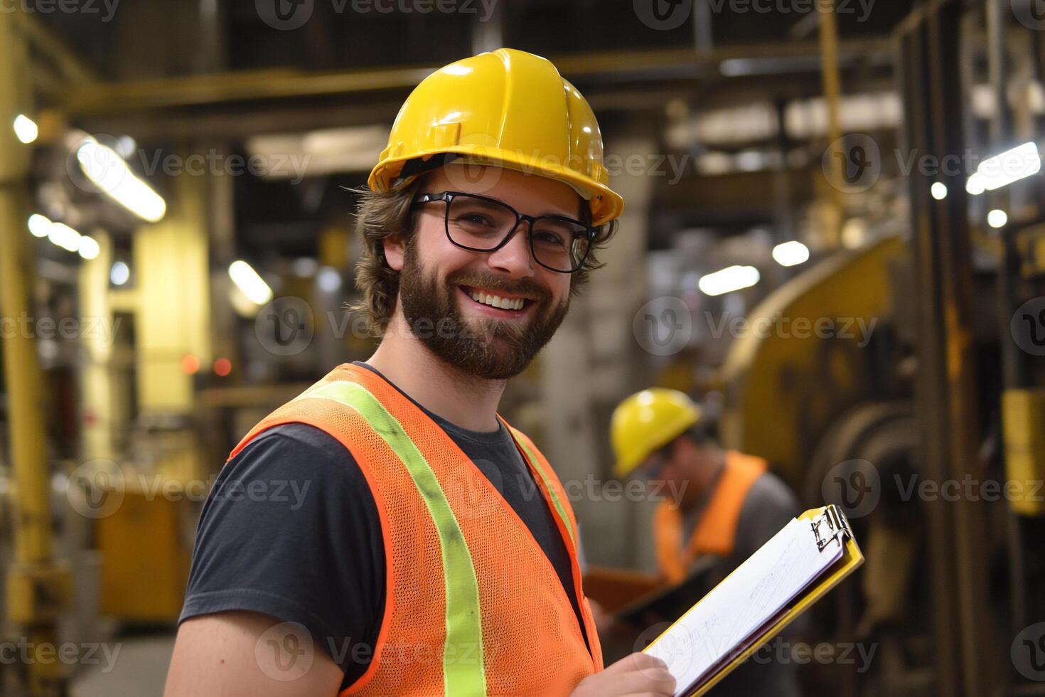 A smiling man in an orange vest and hard hat holding a clipboard photo