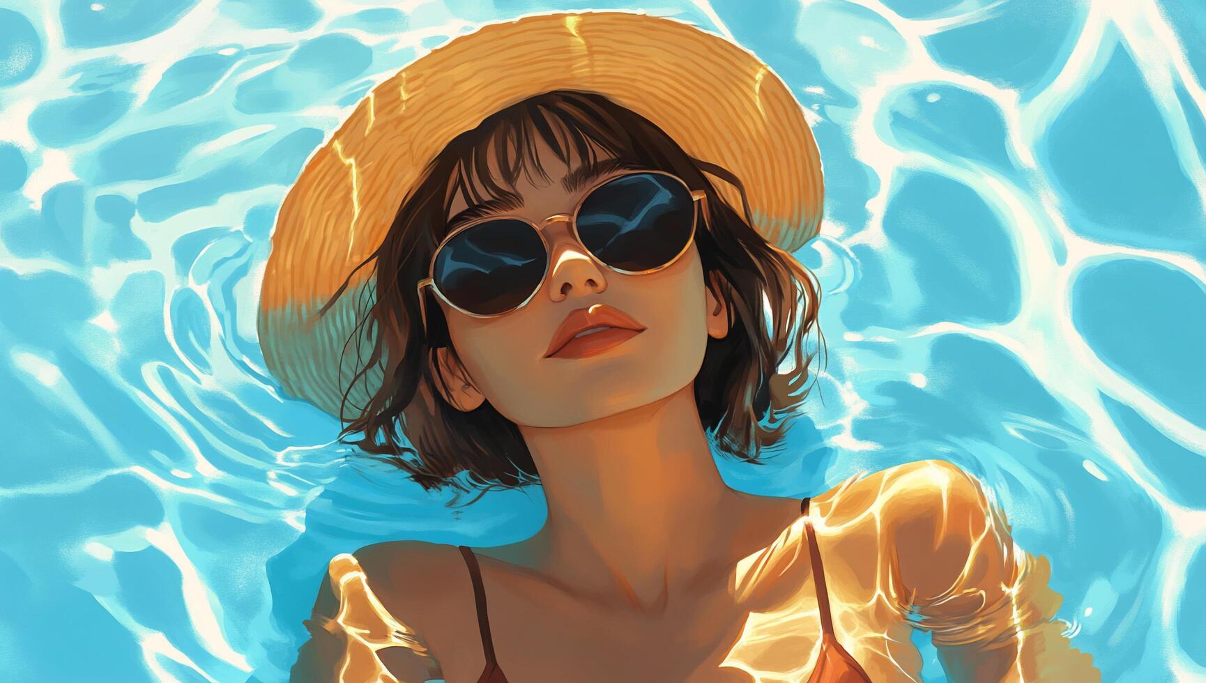A woman relaxes in a pool, wearing sunglasses and a straw hat. photo