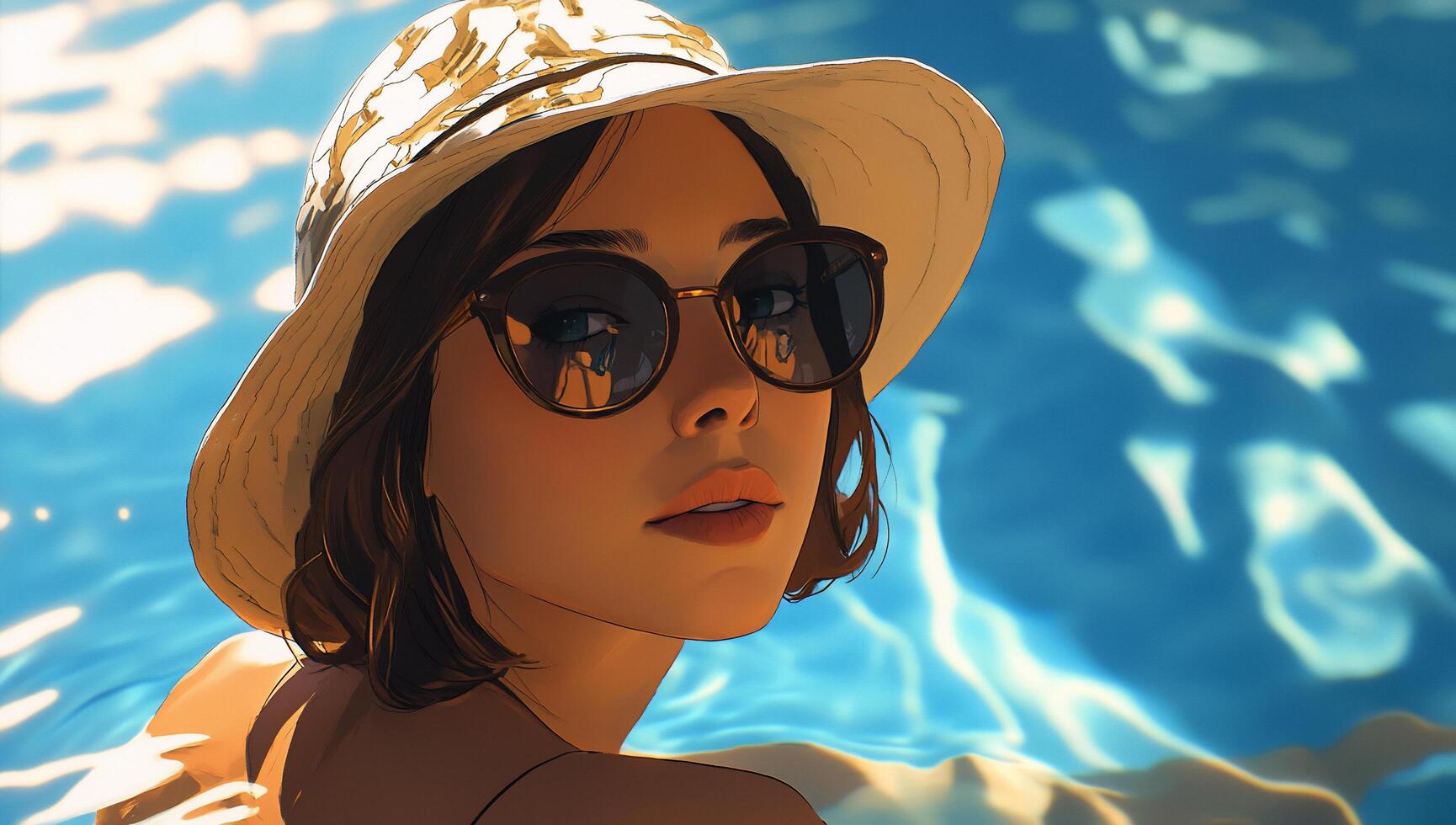 A woman enjoying a sunny day by the pool, wearing sunglasses and a hat. photo