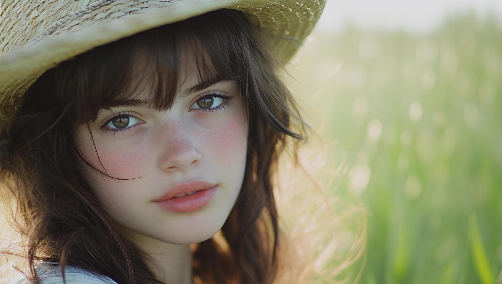 A close-up portrait of a young woman in a straw hat, outdoors. photo