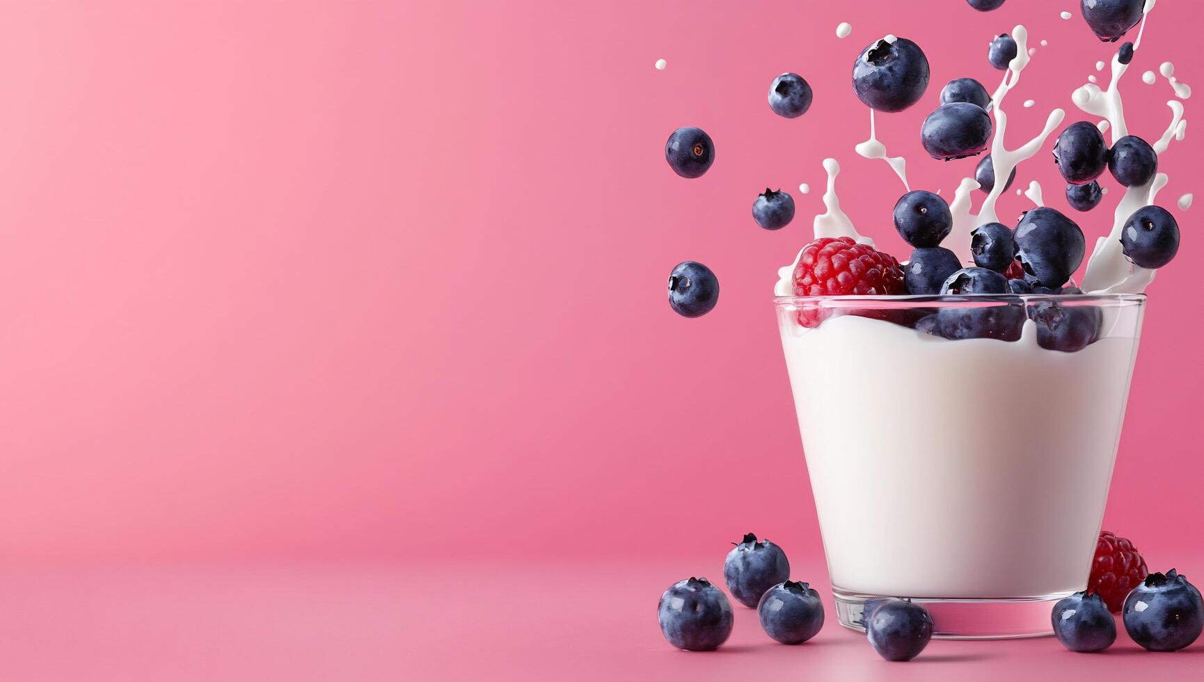 A glass of yogurt topped with blueberries and raspberries, splashing milk. photo