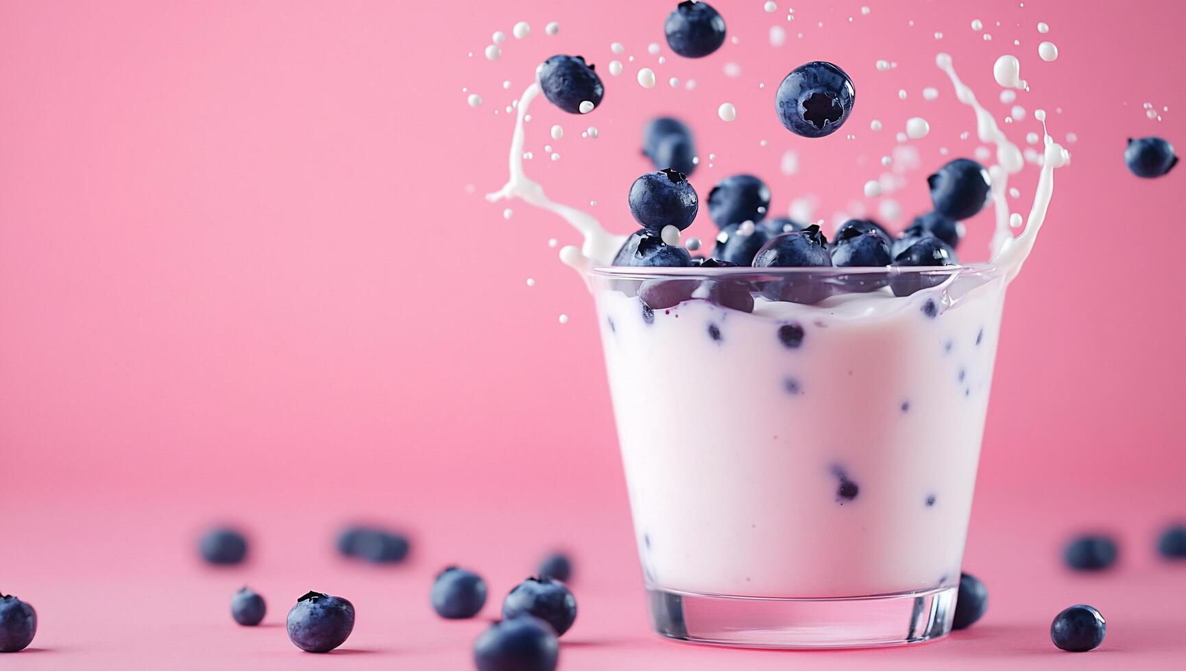 A refreshing yogurt dessert topped with blueberries and splashes of milk. photo