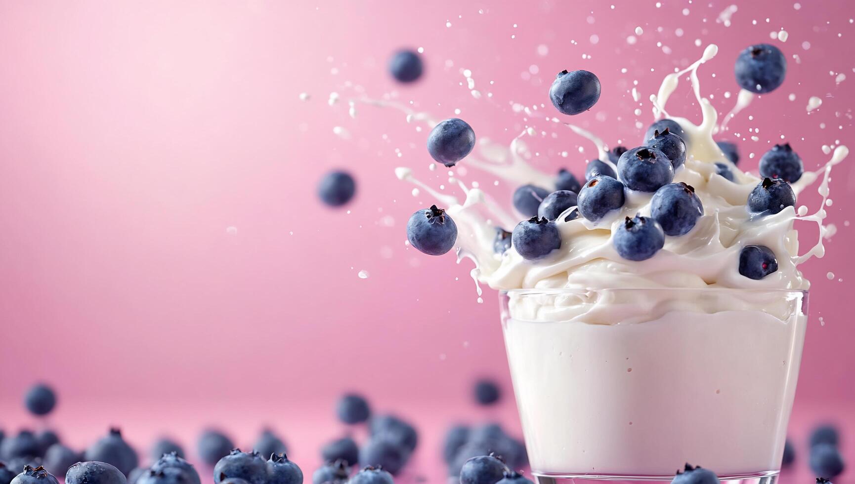 A splash of yogurt topped with blueberries against a pink background. photo